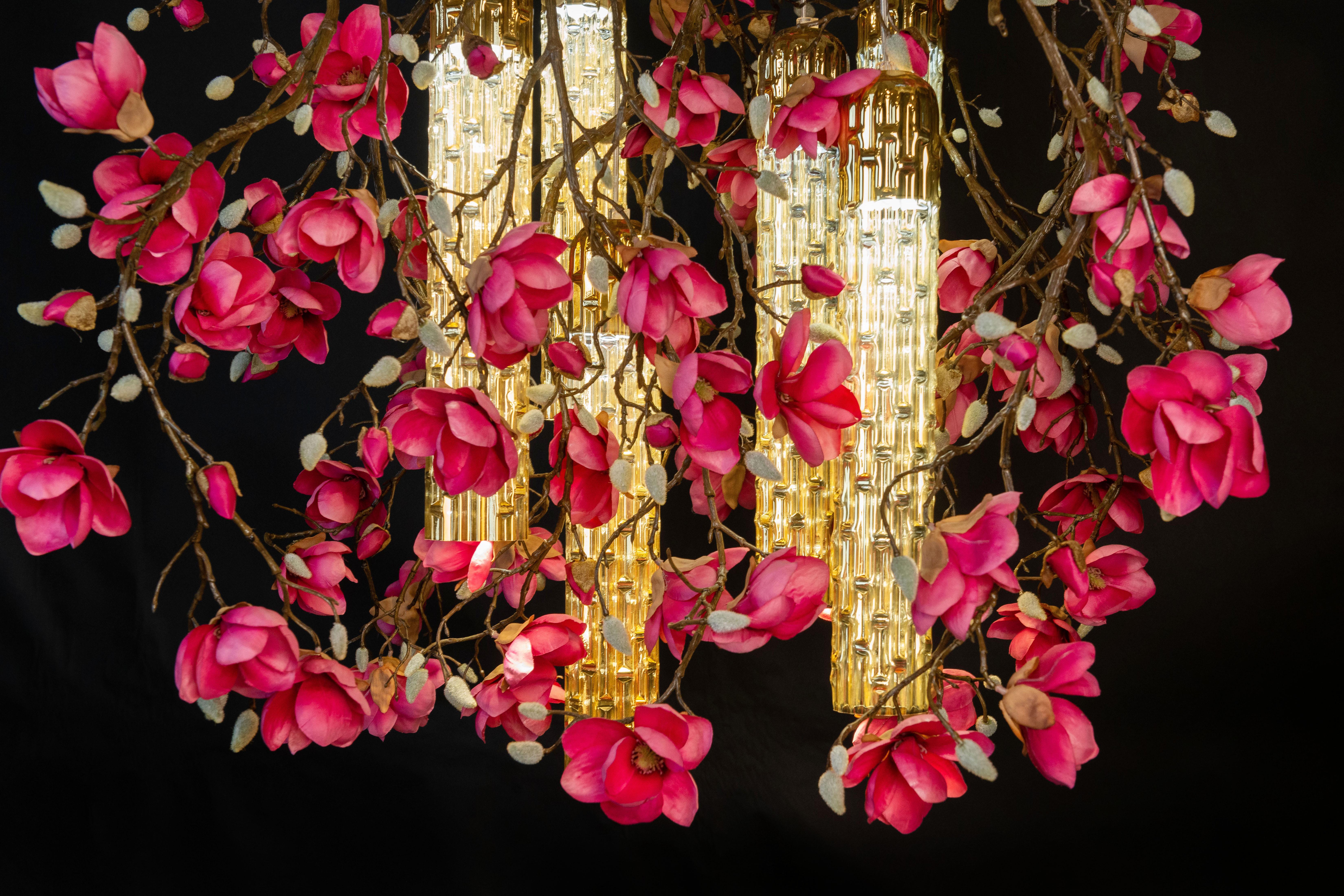 Hand-Crafted Flower Power Magnolia Fuchsia & Gold Pipes Square Chandelier, Venice, Italy For Sale