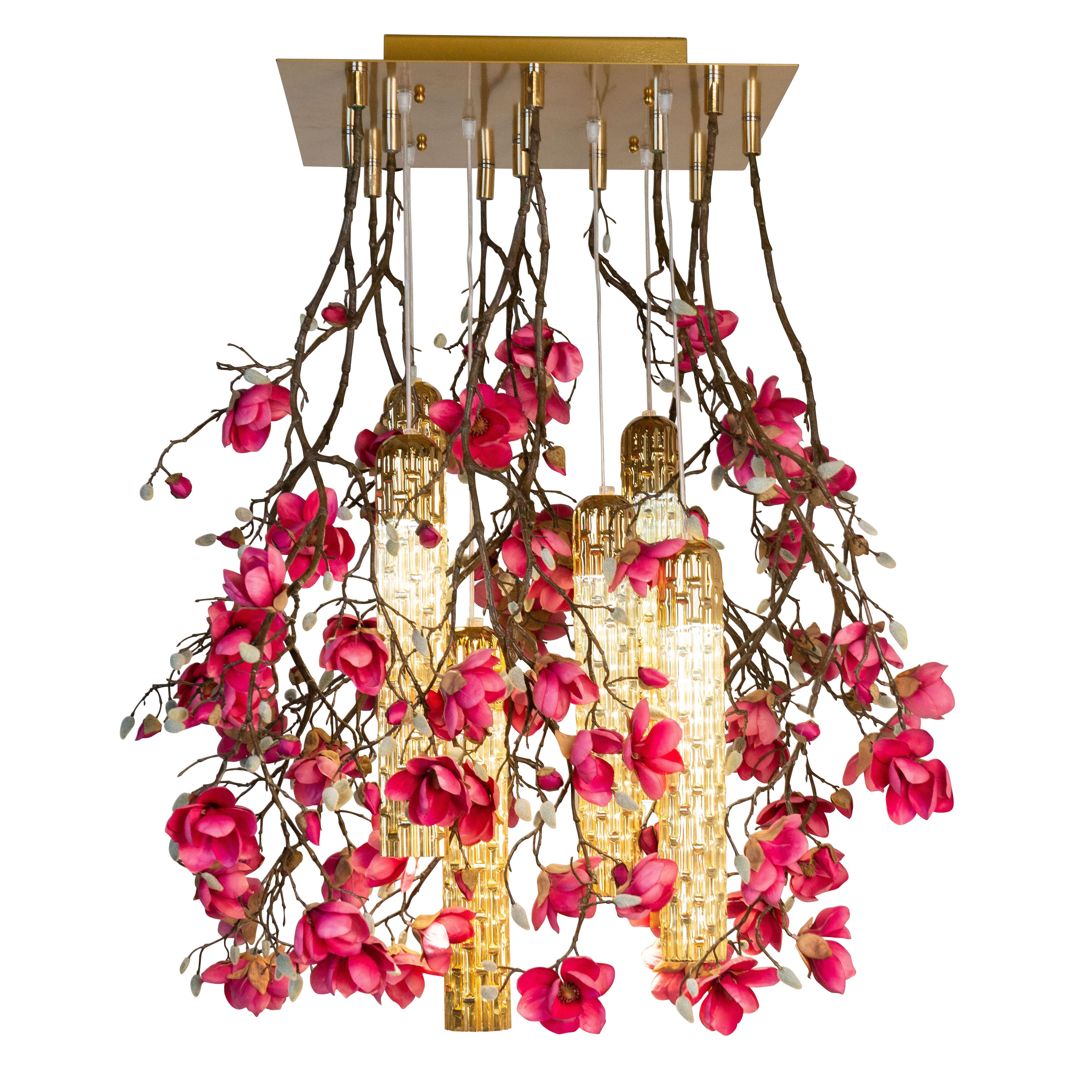 Flower Power Magnolia Fuchsia & Gold Pipes Square Chandelier, Venice, Italy For Sale