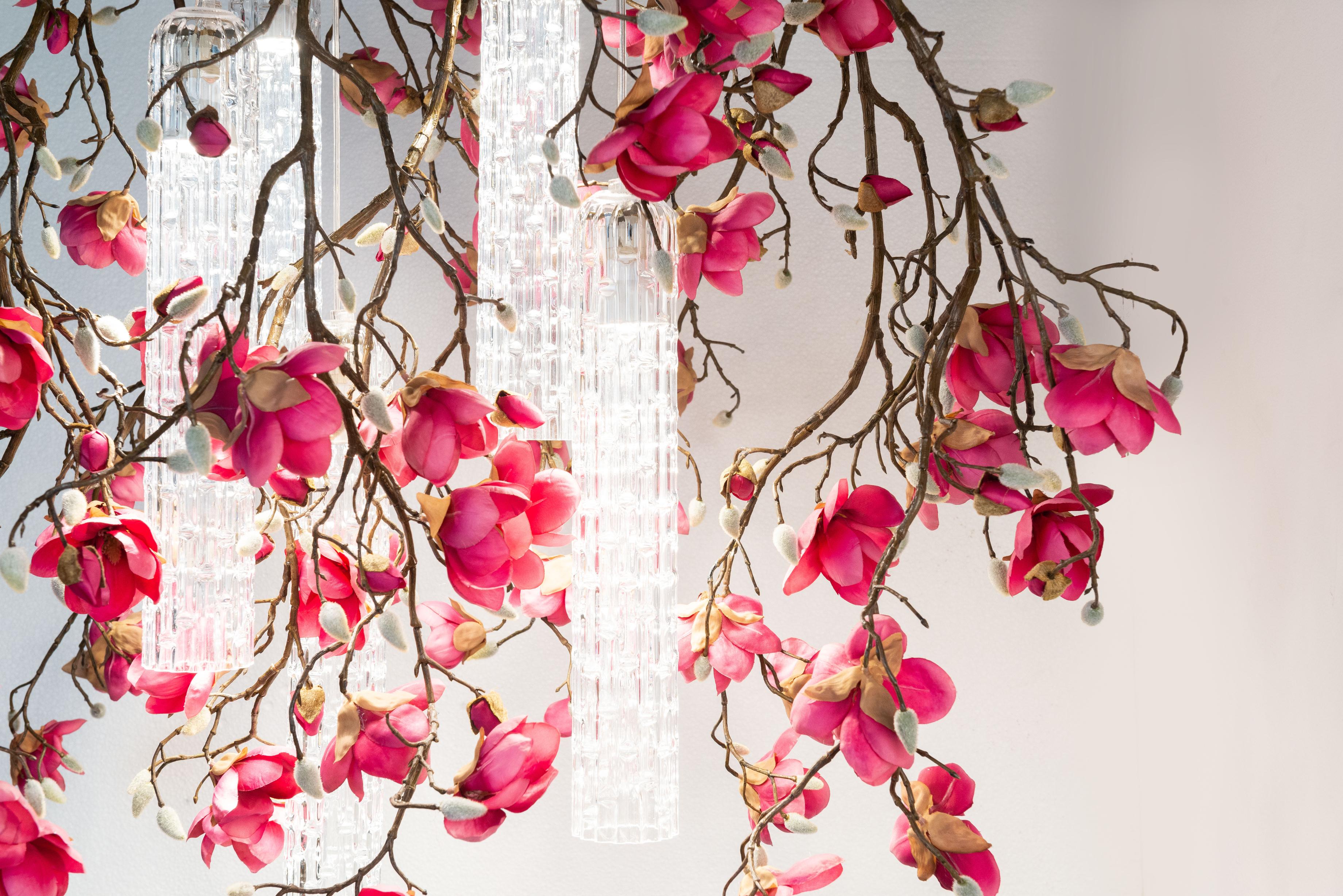 Flower Power Magnolia Fuchsia Square Chandelier, Italy For Sale 4