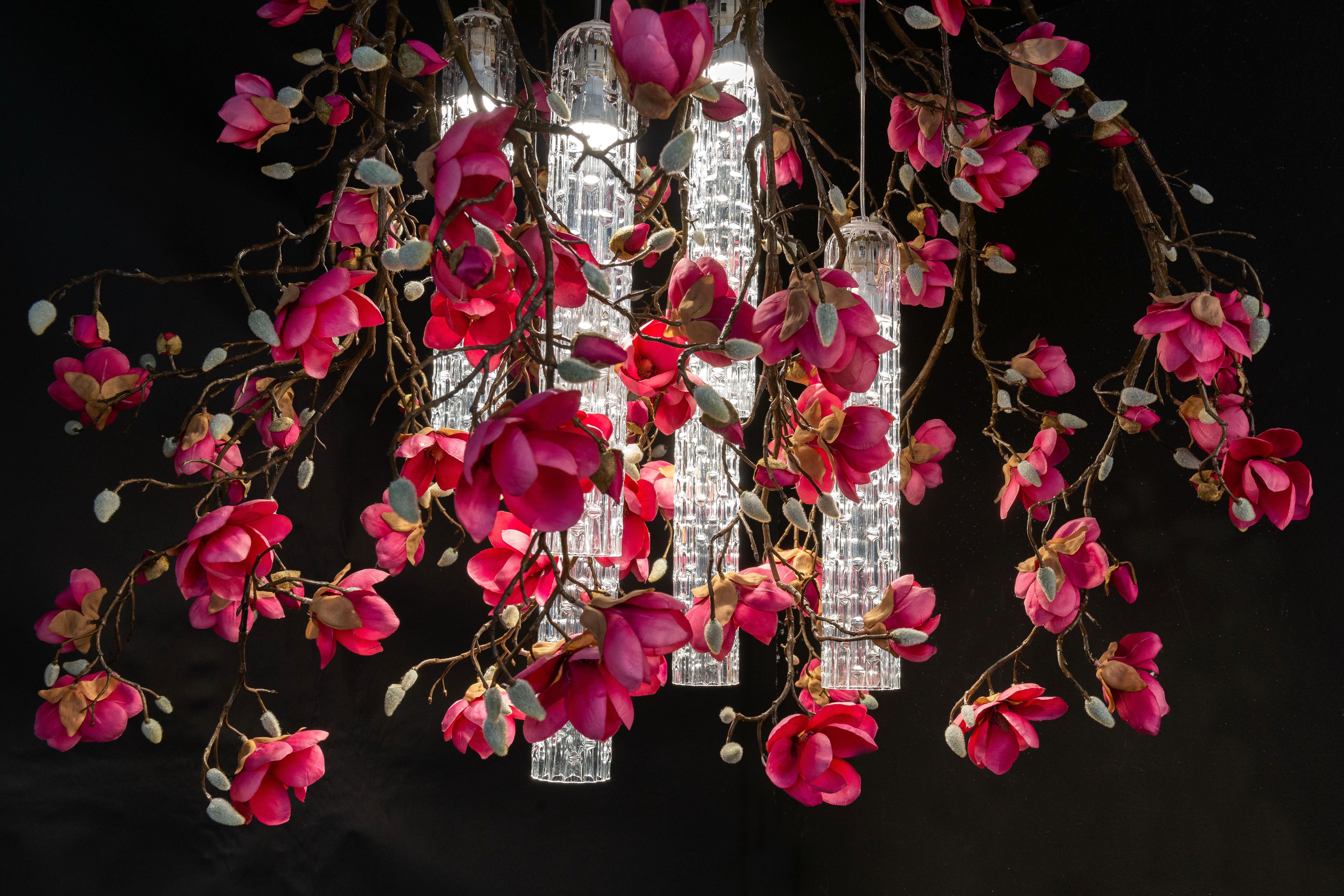 Italian Flower Power Magnolia Fuchsia Square Chandelier, Italy For Sale