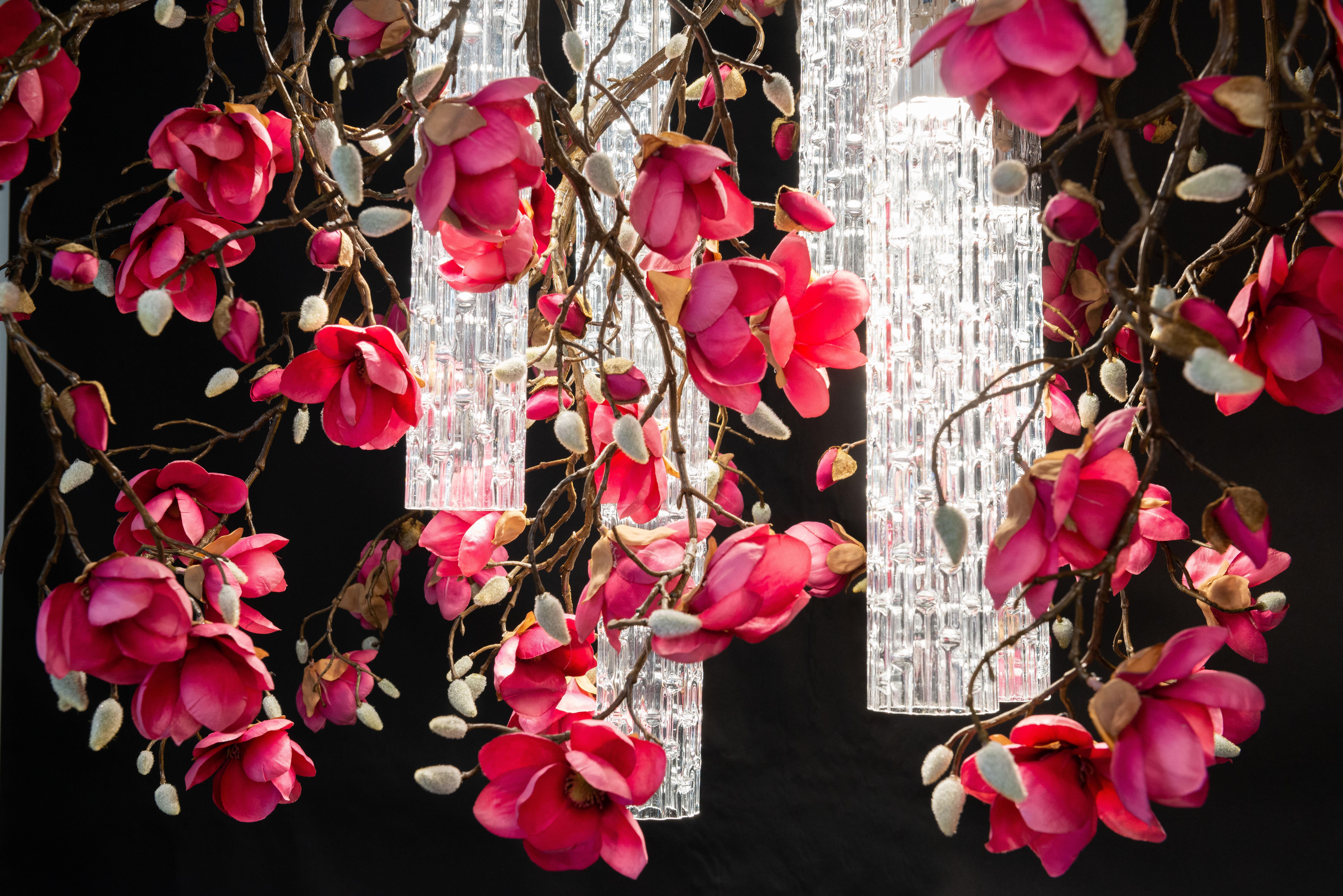 Hand-Crafted Flower Power Magnolia Fuchsia Square Chandelier, Italy For Sale