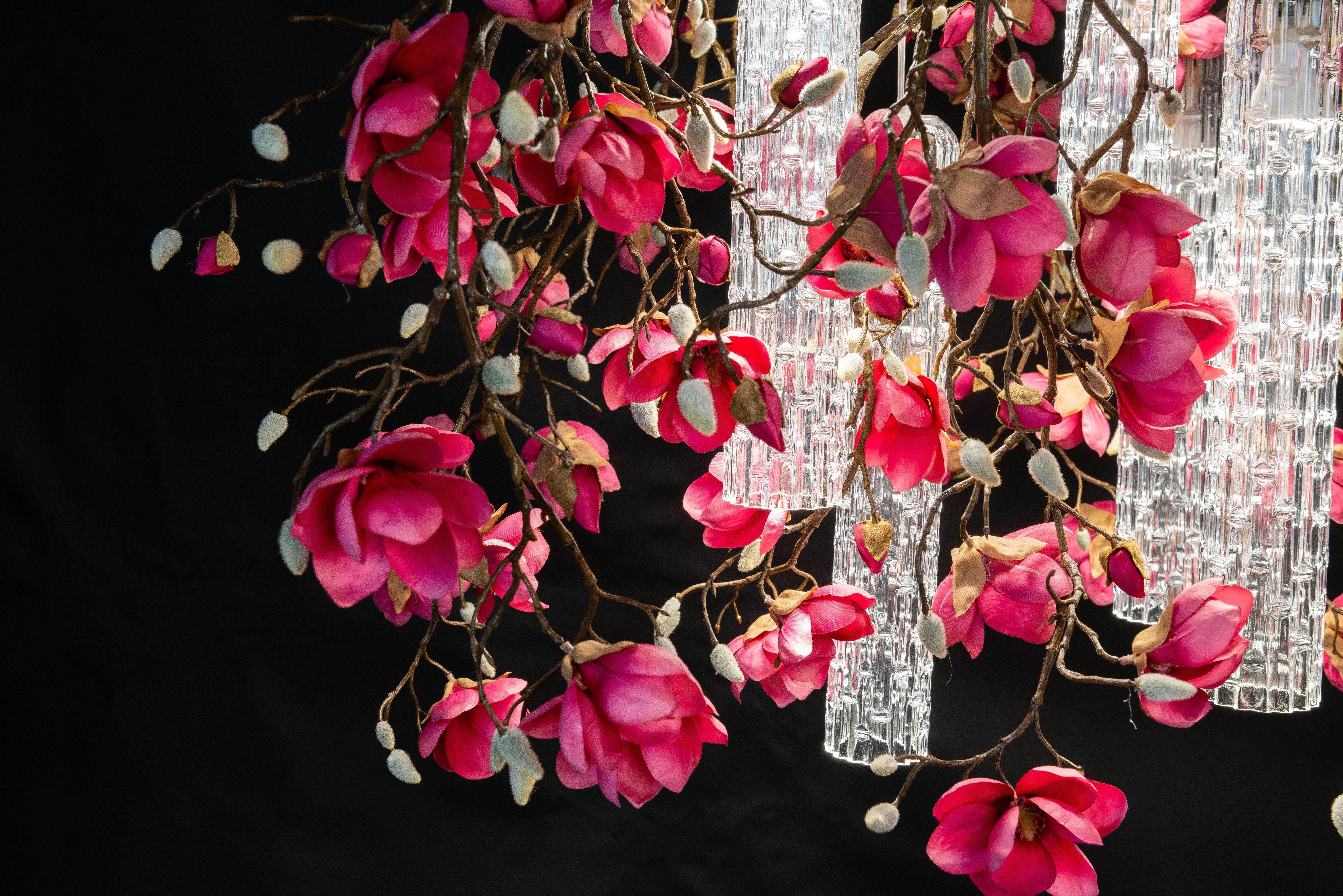 Contemporary Flower Power Magnolia Fuchsia Square Chandelier, Italy For Sale
