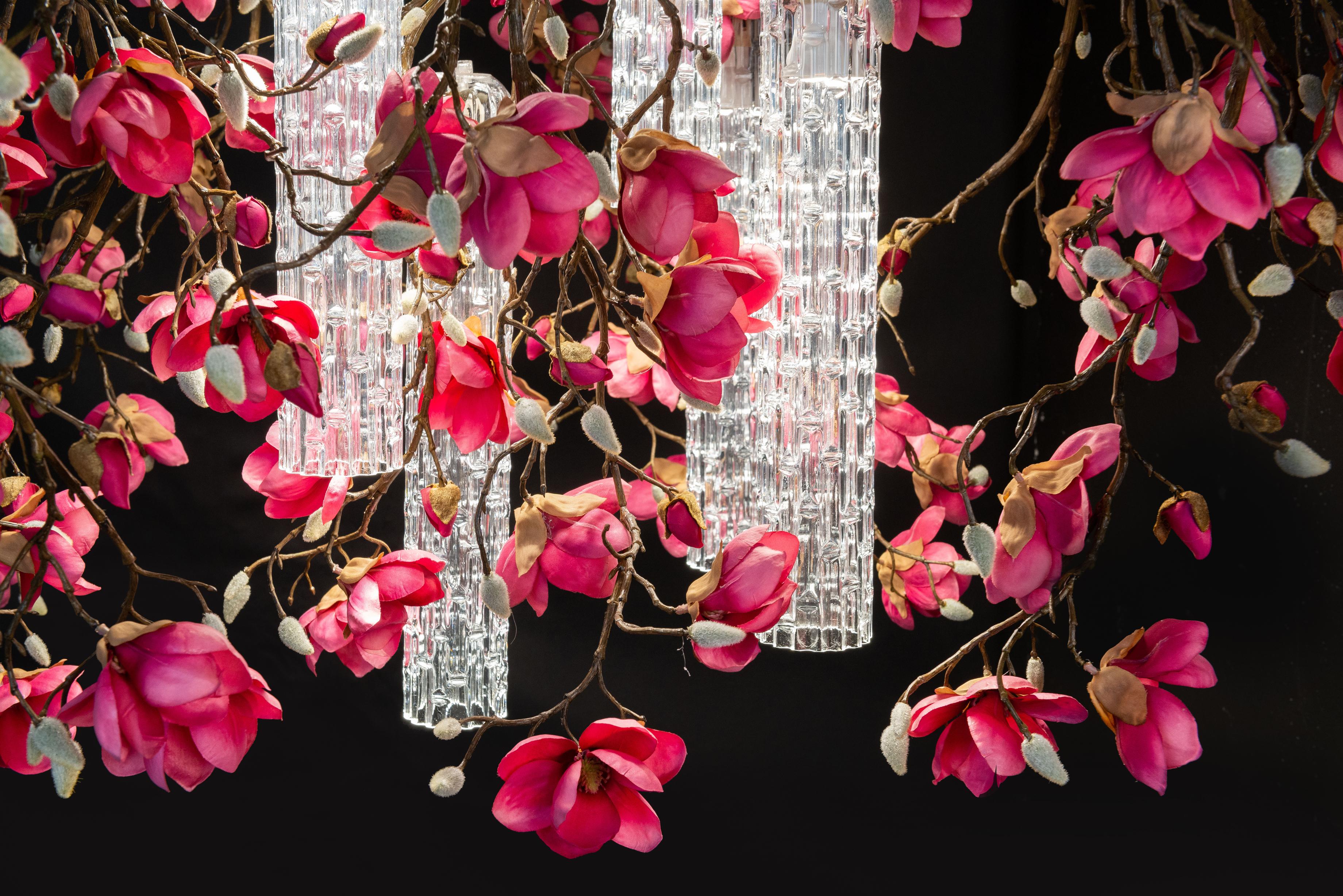 Steel Flower Power Magnolia Fuchsia Square Chandelier, Italy For Sale