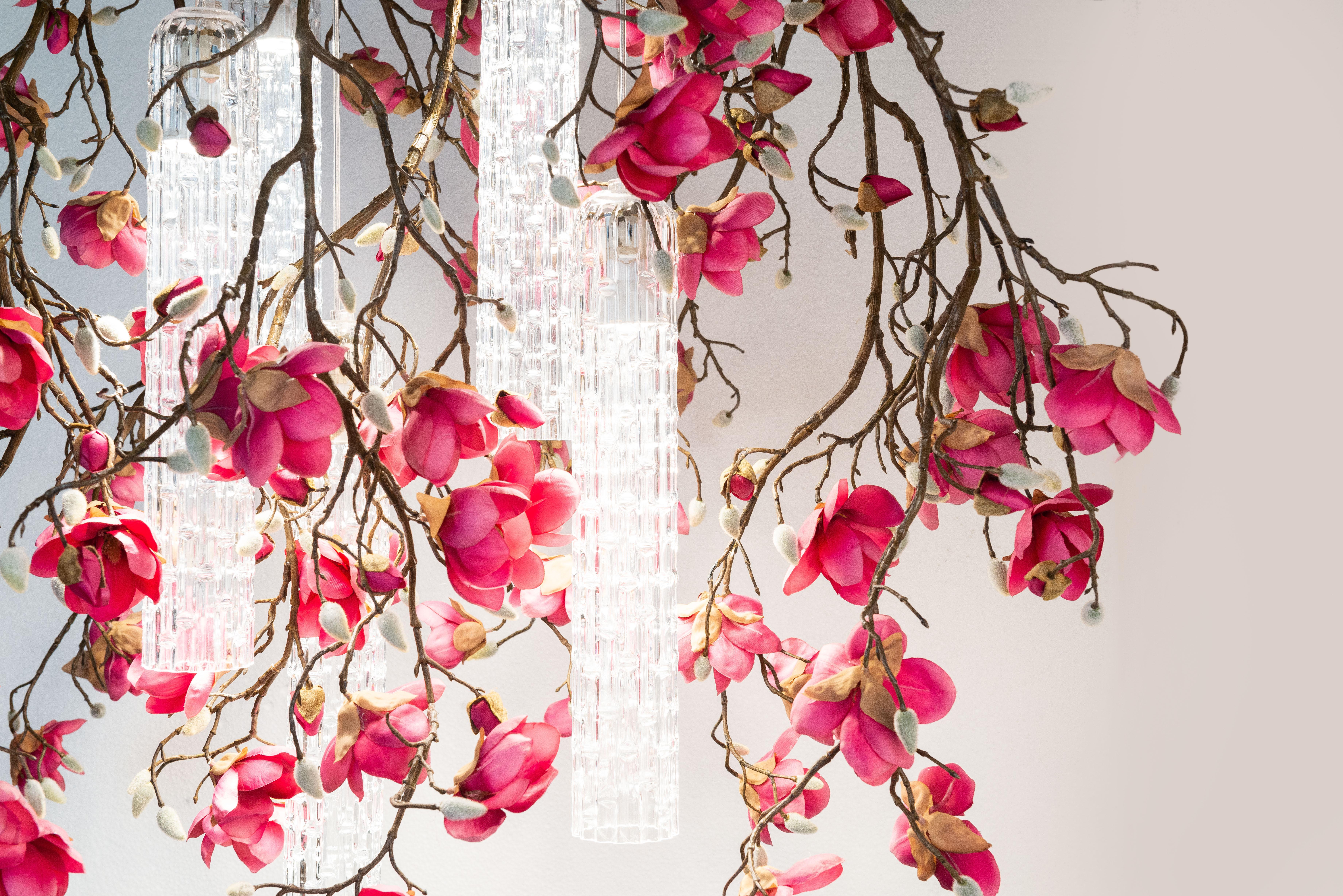 Flower Power Magnolia Fuchsia Square Chandelier, Italy For Sale 1