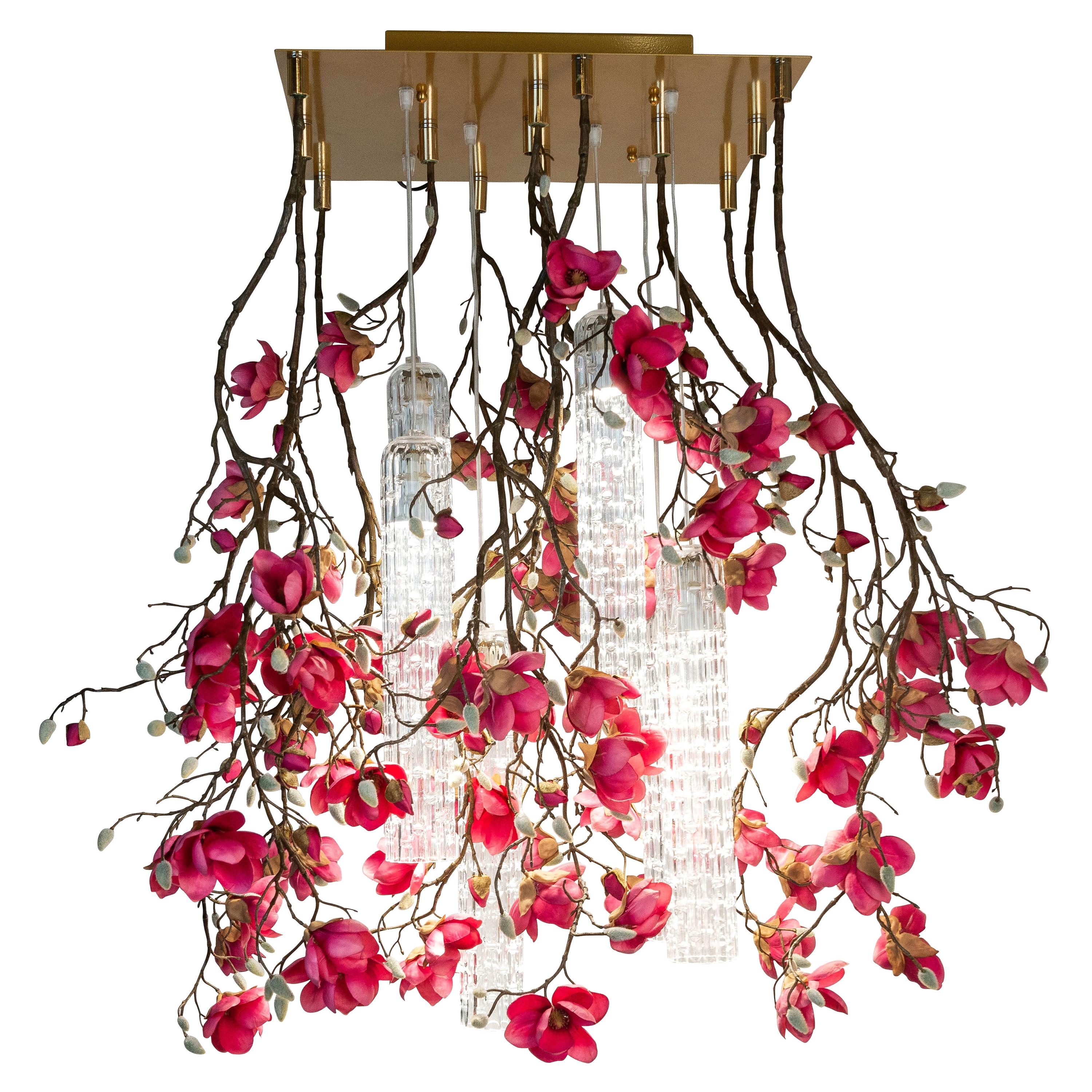 Flower Power Magnolia Fuchsia Square Chandelier, Italy For Sale