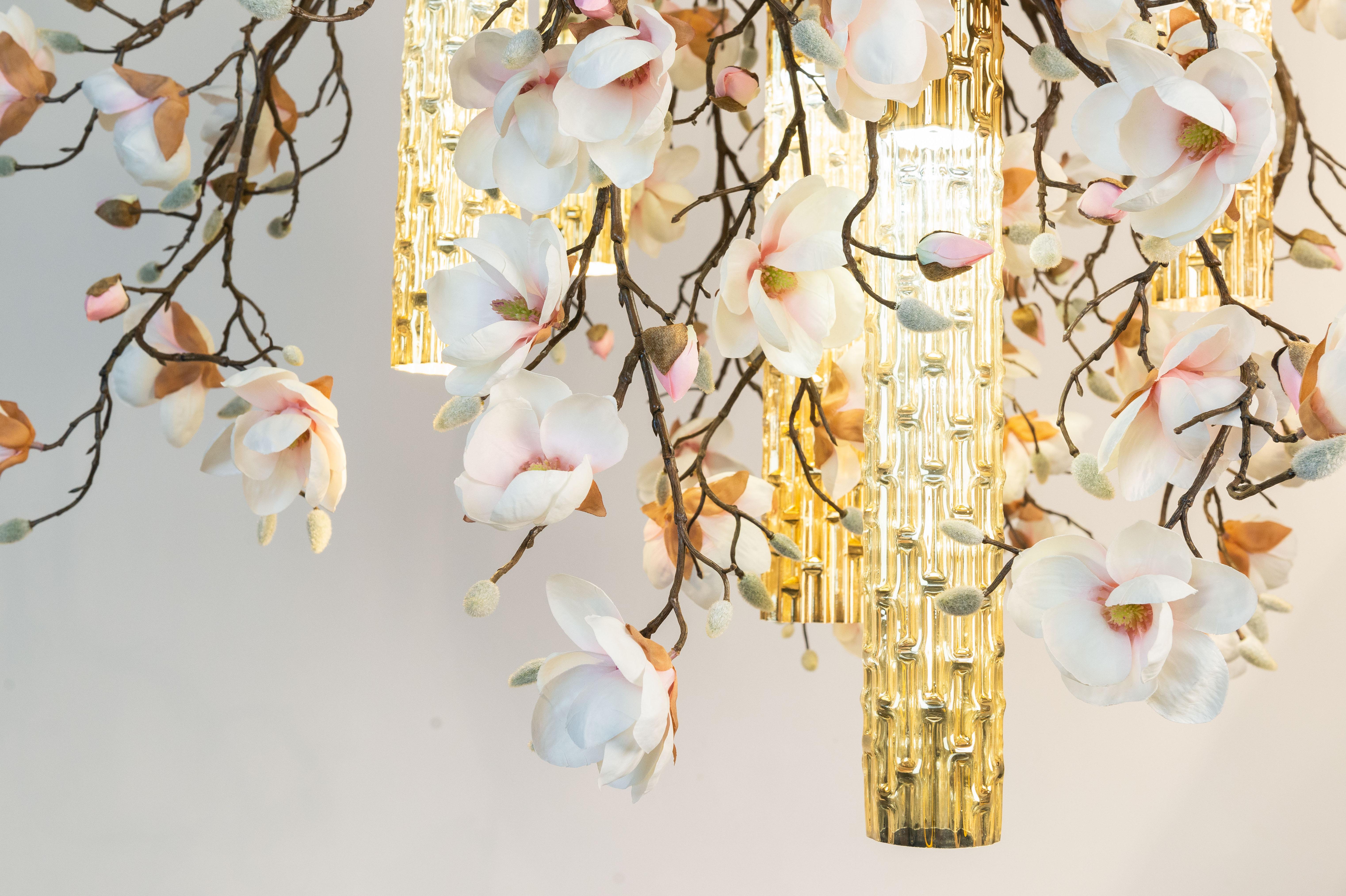 Steel Flower Power Magnolia Pink-Cream & Gold Pipes Round Chandelier, Venice, Italy For Sale