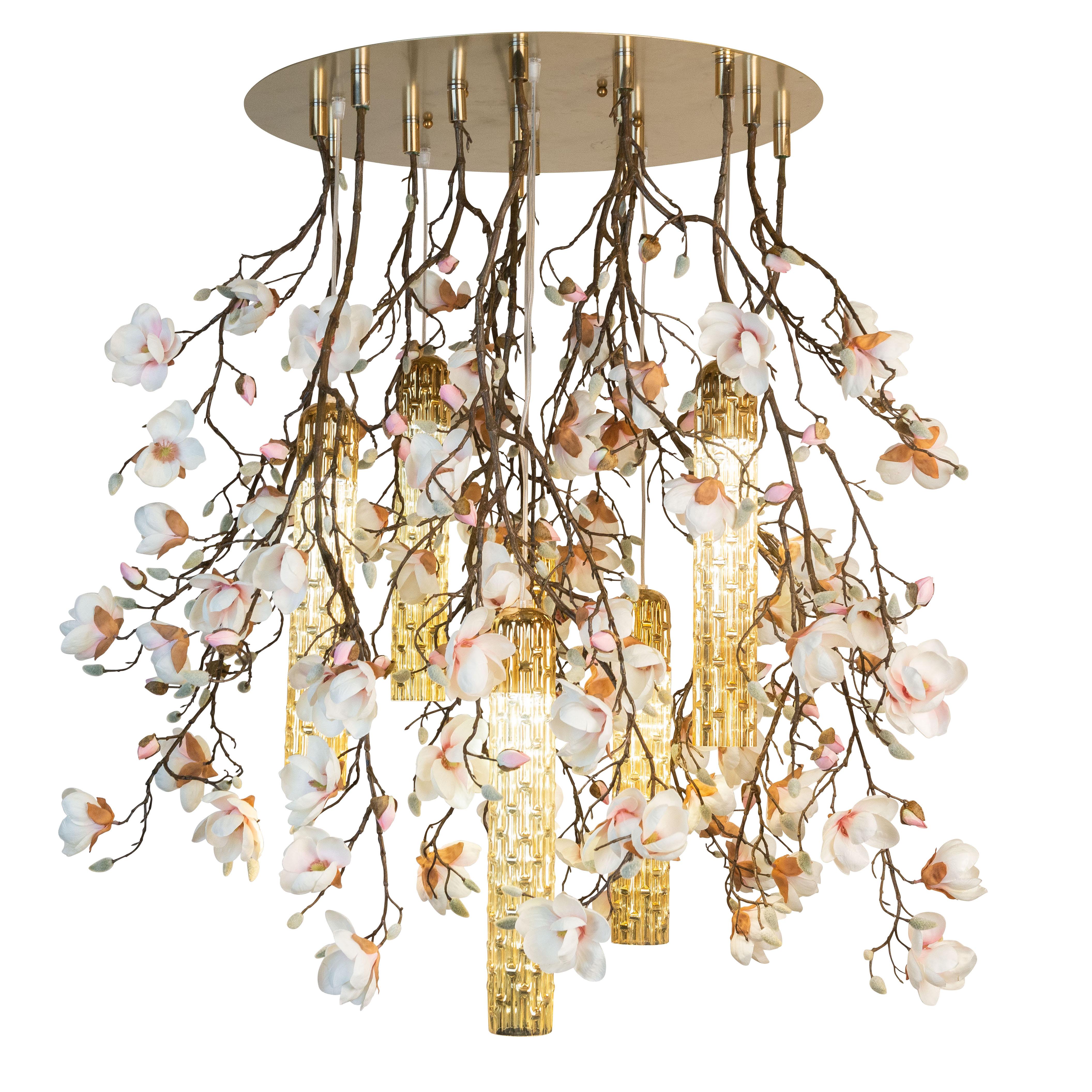 Flower Power Magnolia Pink-Cream & Gold Pipes Round Chandelier, Venice, Italy For Sale
