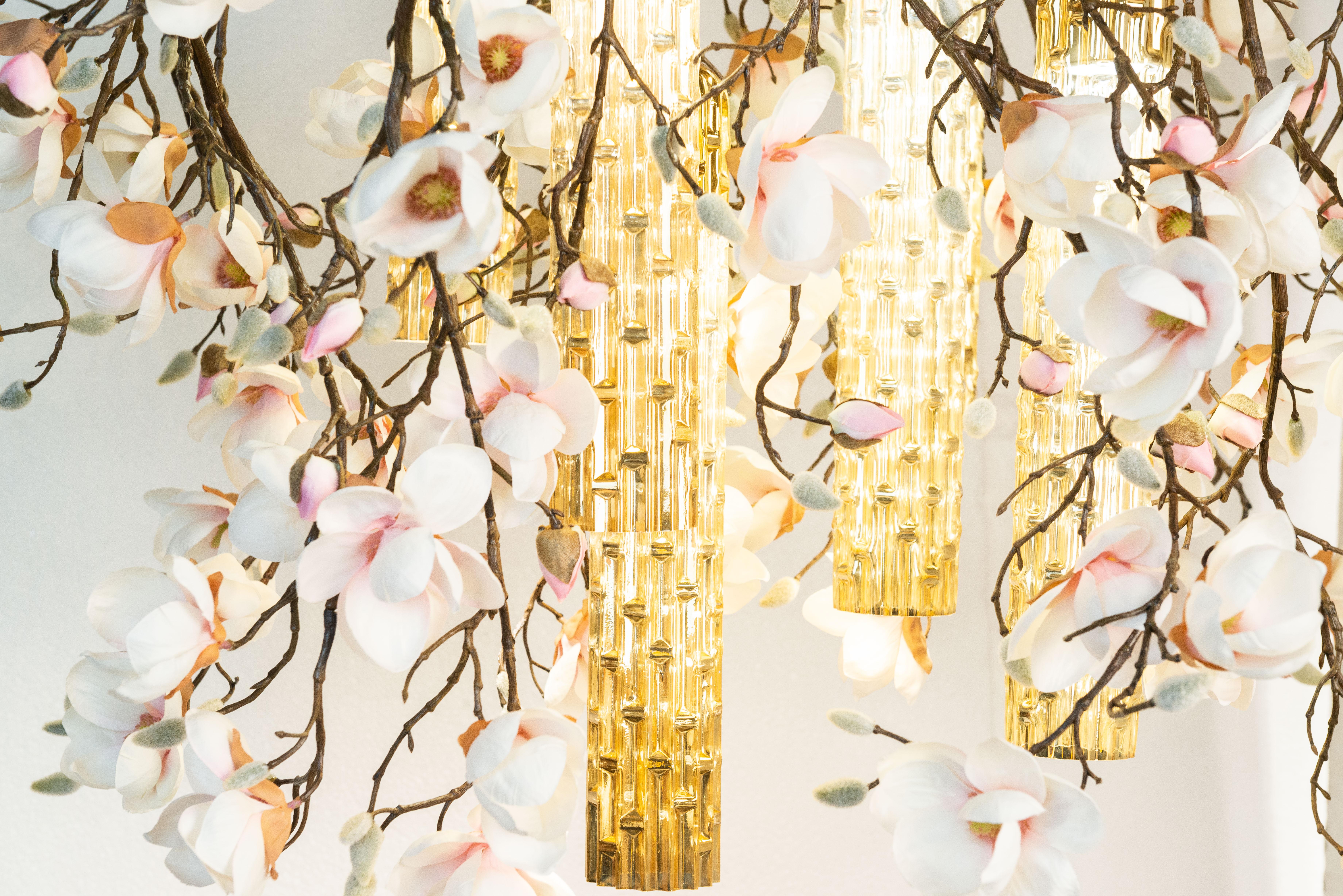 Steel Flower Power Magnolia Pink-Cream & Gold Pipes Square Chandelier, Venice, Italy For Sale