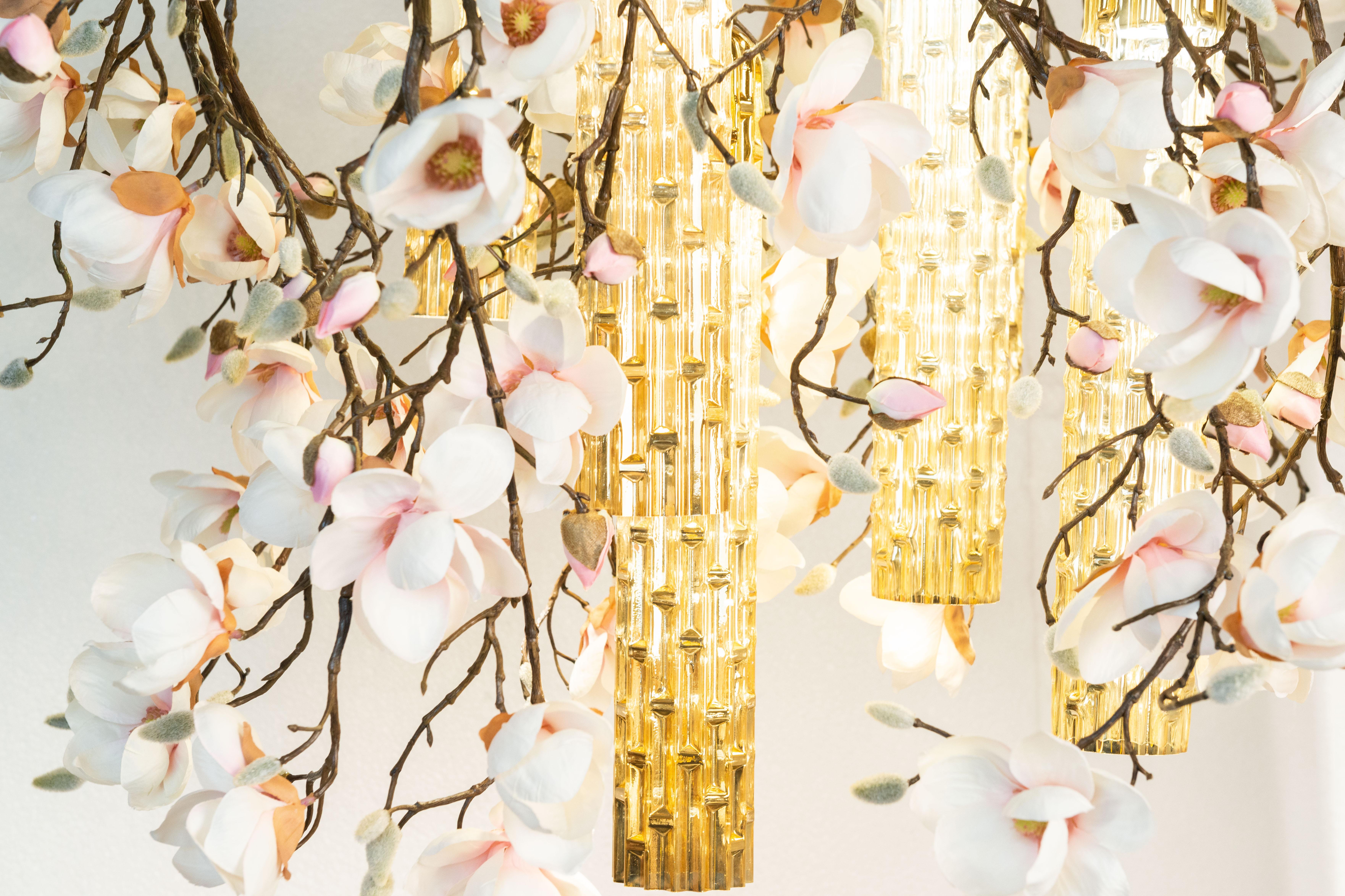 Flower Power Magnolia Pink-Cream & Gold Pipes Square Chandelier, Venice, Italy For Sale 1