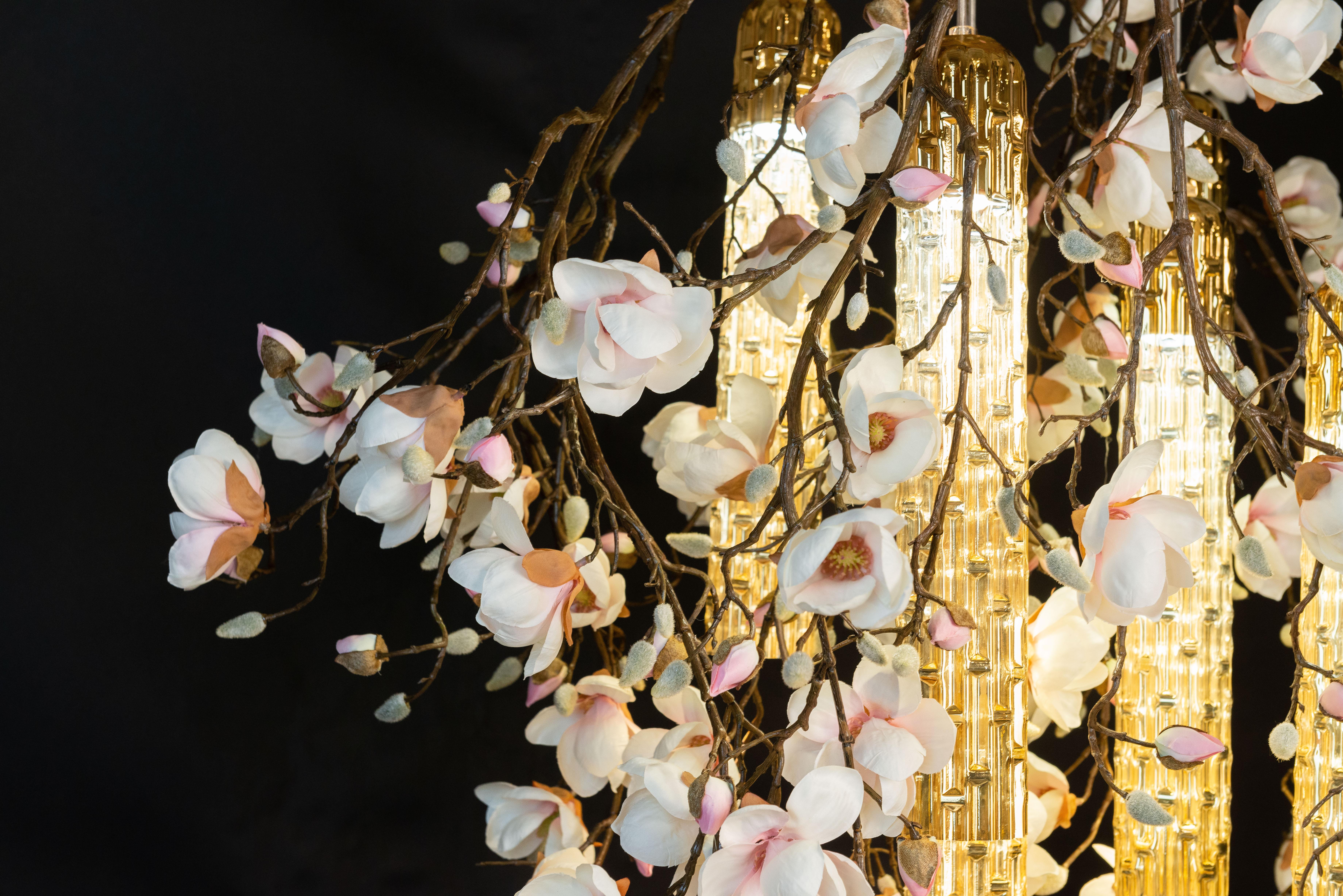 Italian Flower Power Magnolia Pink-Cream & Gold Pipes Square Chandelier, Venice, Italy For Sale