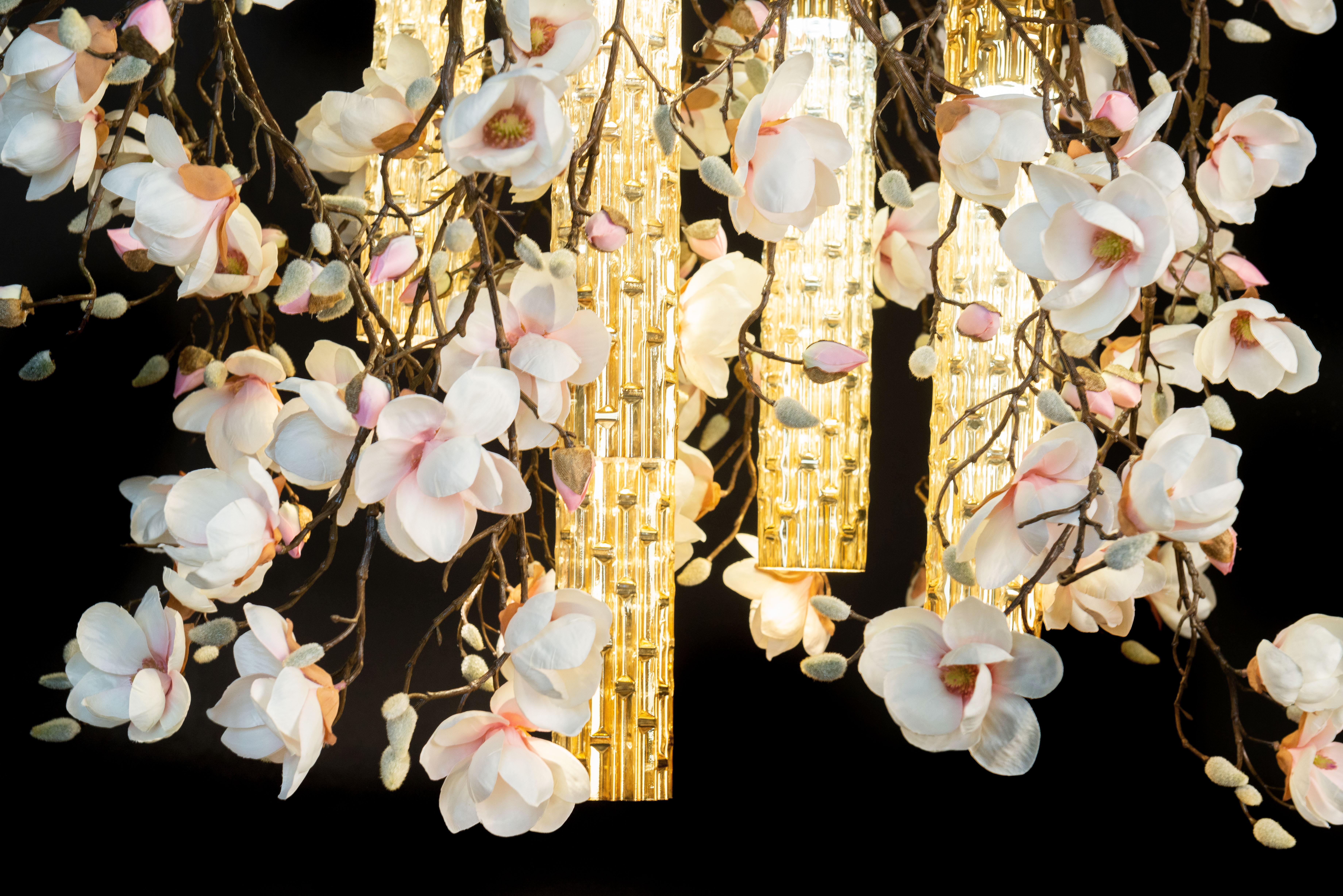 Hand-Crafted Flower Power Magnolia Pink-Cream & Gold Pipes Square Chandelier, Venice, Italy For Sale