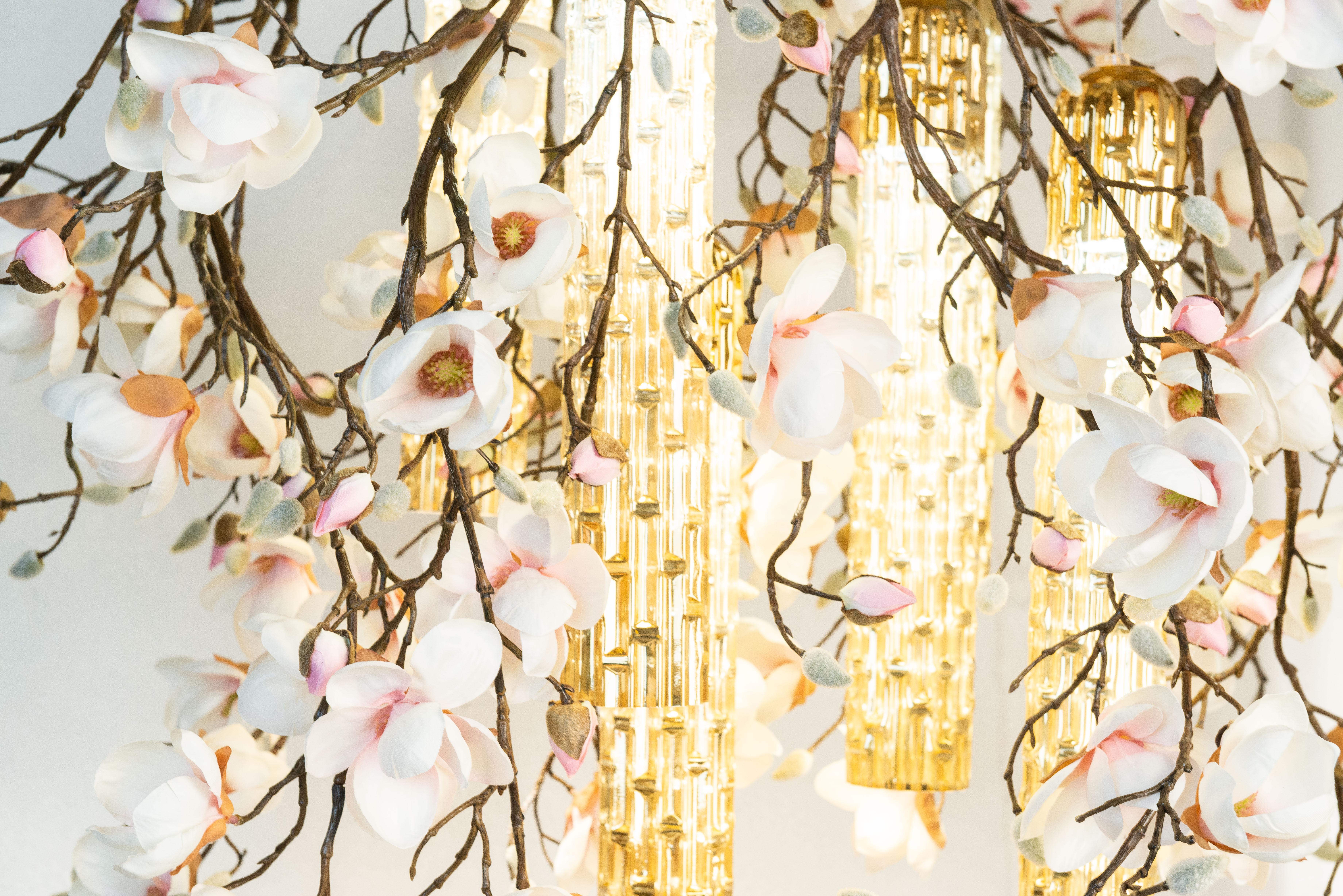 Contemporary Flower Power Magnolia Pink-Cream & Gold Pipes Square Chandelier, Venice, Italy For Sale