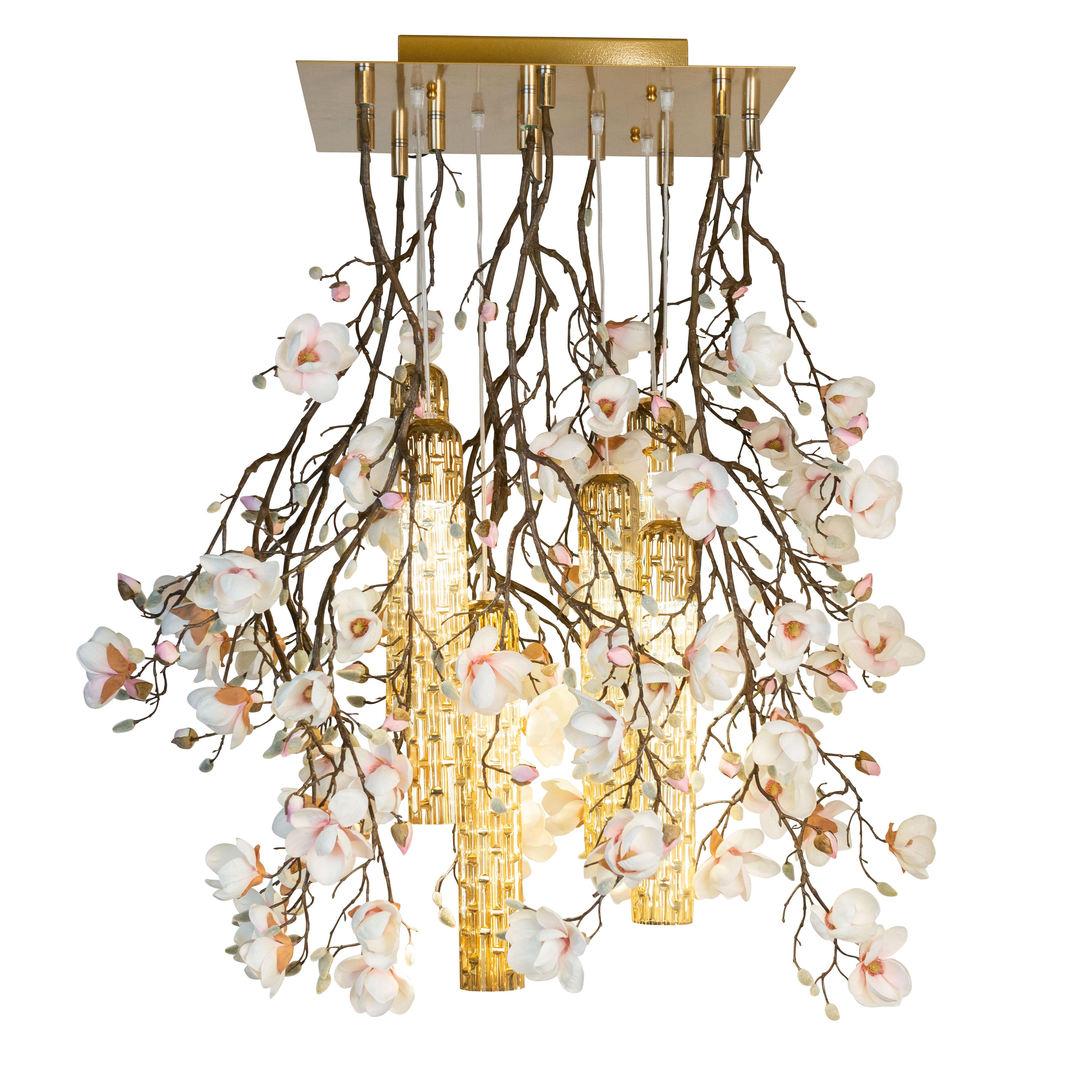 Flower Power Magnolia Pink-Cream & Gold Pipes Square Chandelier, Venice, Italy For Sale