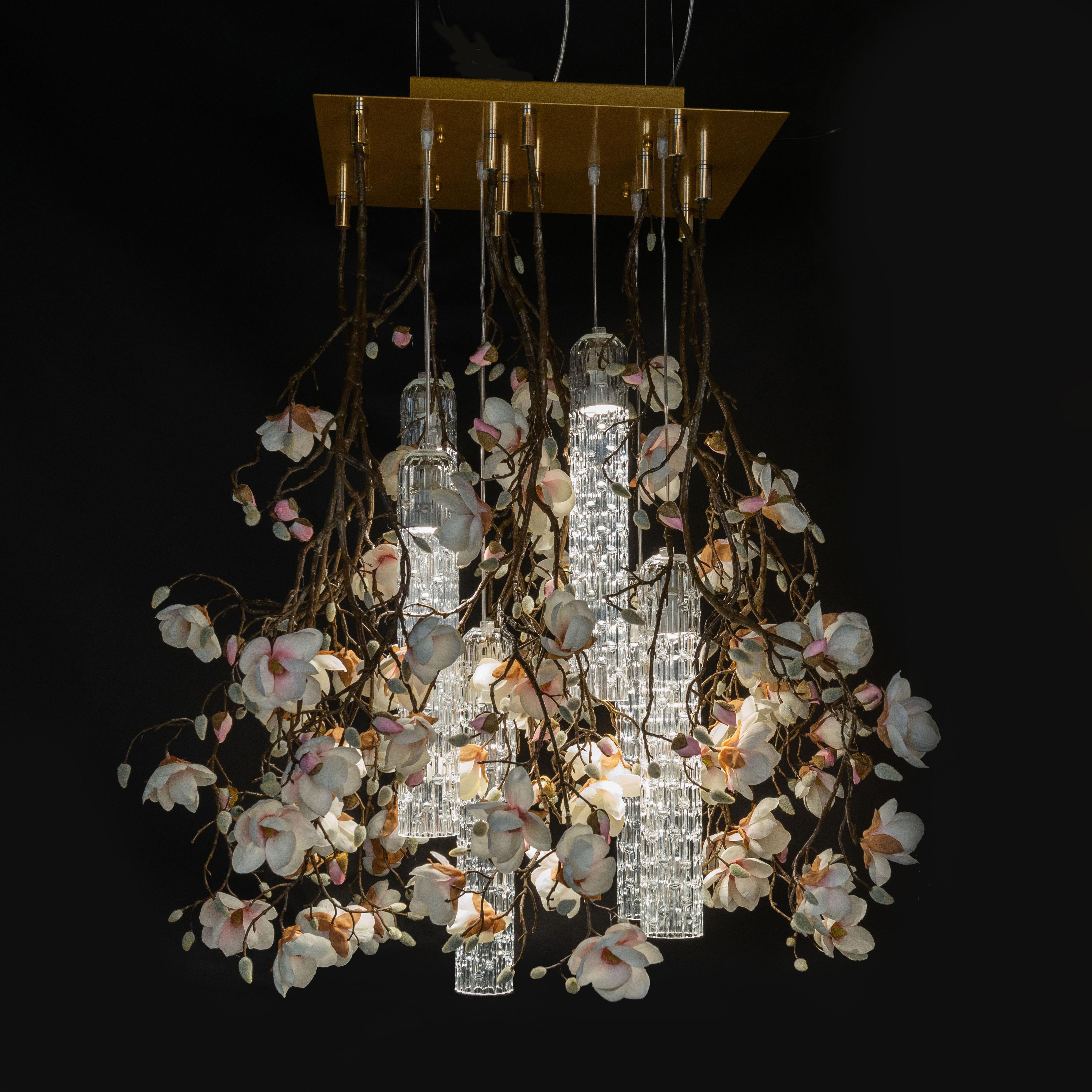 Hand-Crafted Flower Power Magnolia Pink-Cream Square Chandelier, Italy For Sale