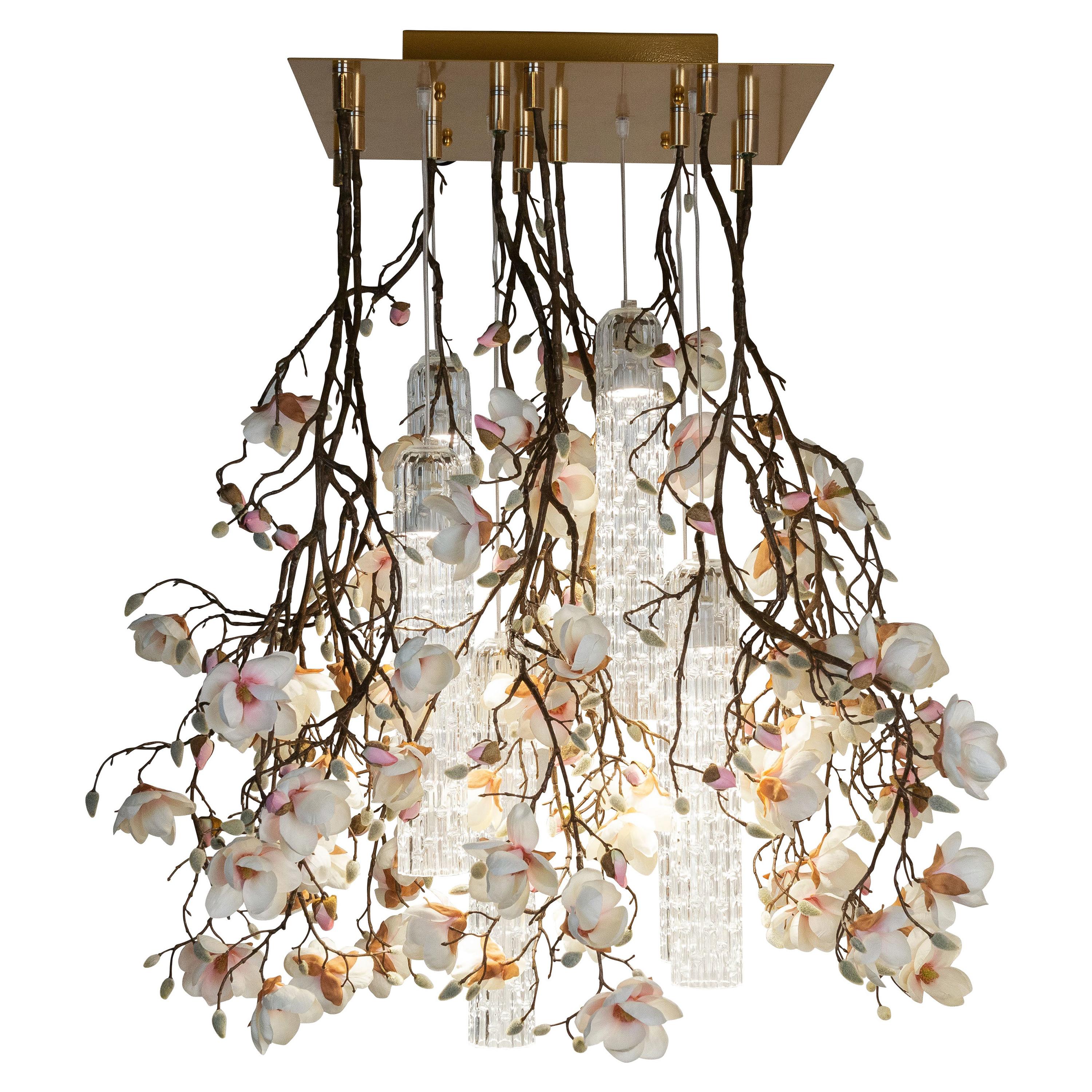 Flower Power Magnolia Pink-Cream Square Chandelier, Italy For Sale