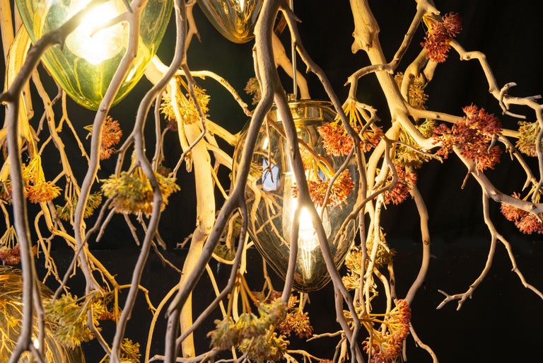 Flower Power Manzanita + Crystal Egg Lamps Chandelier, Italy For Sale