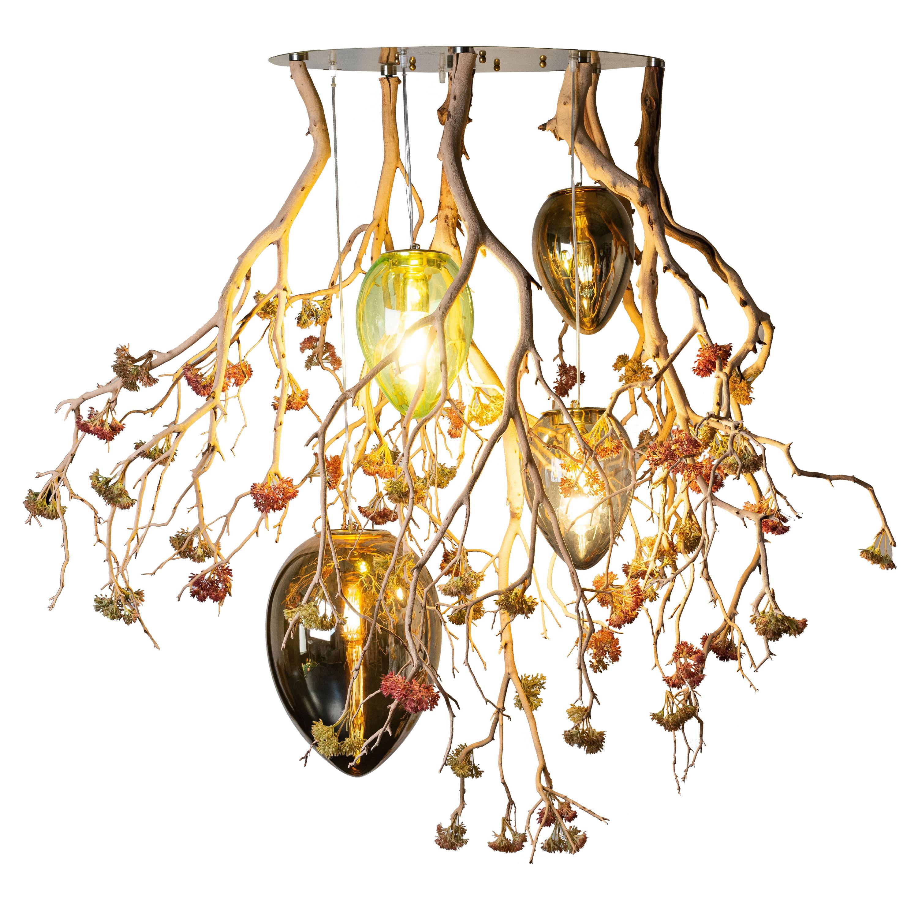 Flower Power Manzanita + Crystal Egg Lamps Chandelier, Italy For Sale