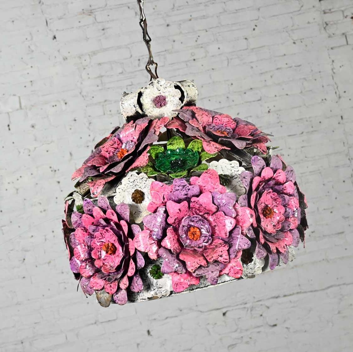 Mexican Flower Power Mod Mid-Century Modern Dome Hanging Light or Swag Lamp