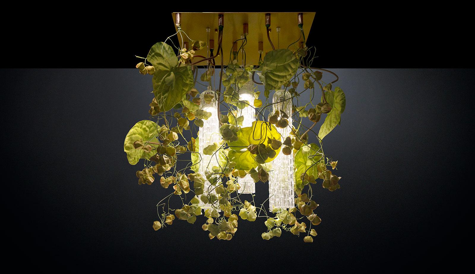Hand-Crafted Flower Power Physalis and Anthurium Chandelier, cm h 80 65x65, Italy For Sale