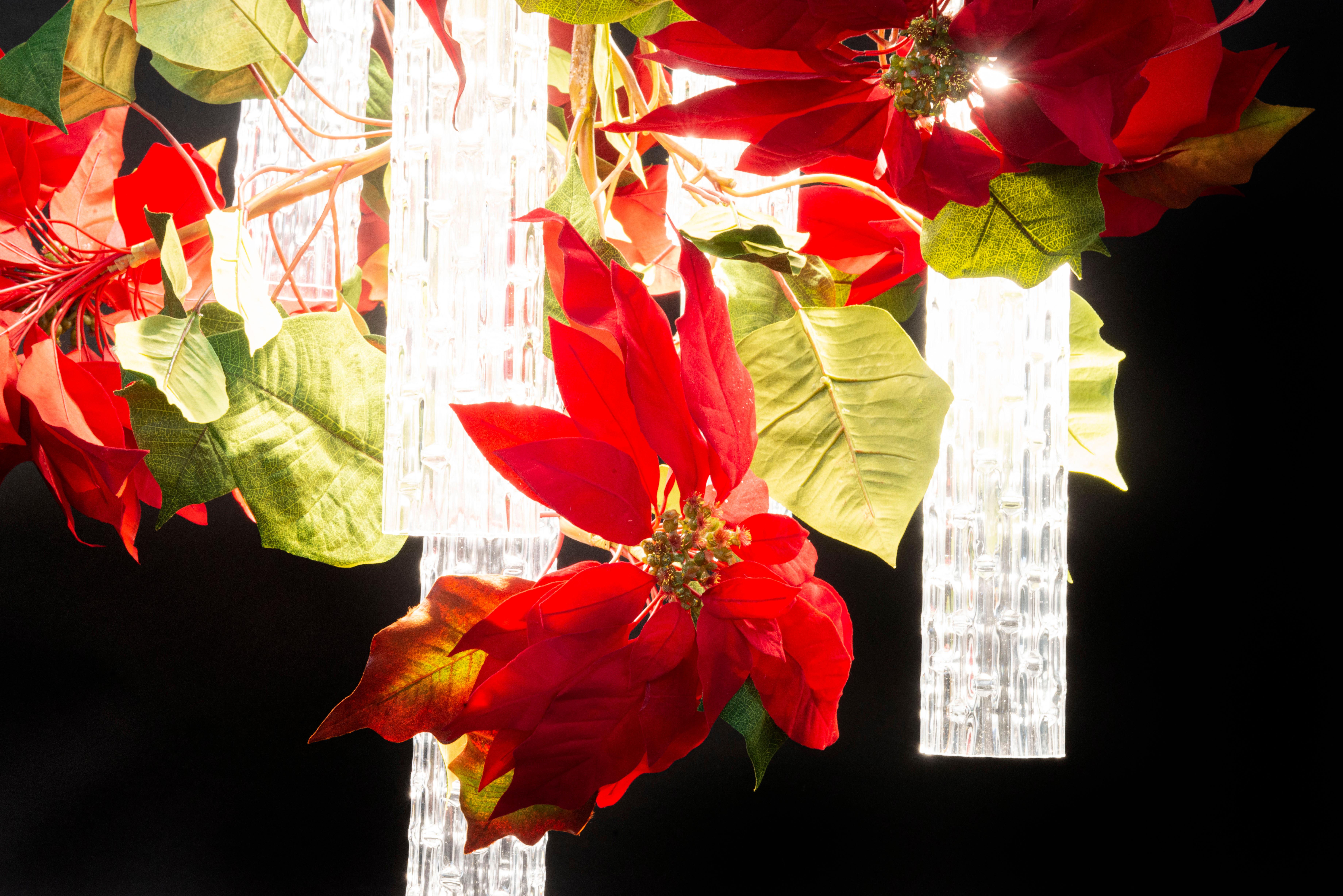 Hand-Crafted Flower Power Poinsettia Square Chandelier, Muranese Glass, Venice, Italy For Sale