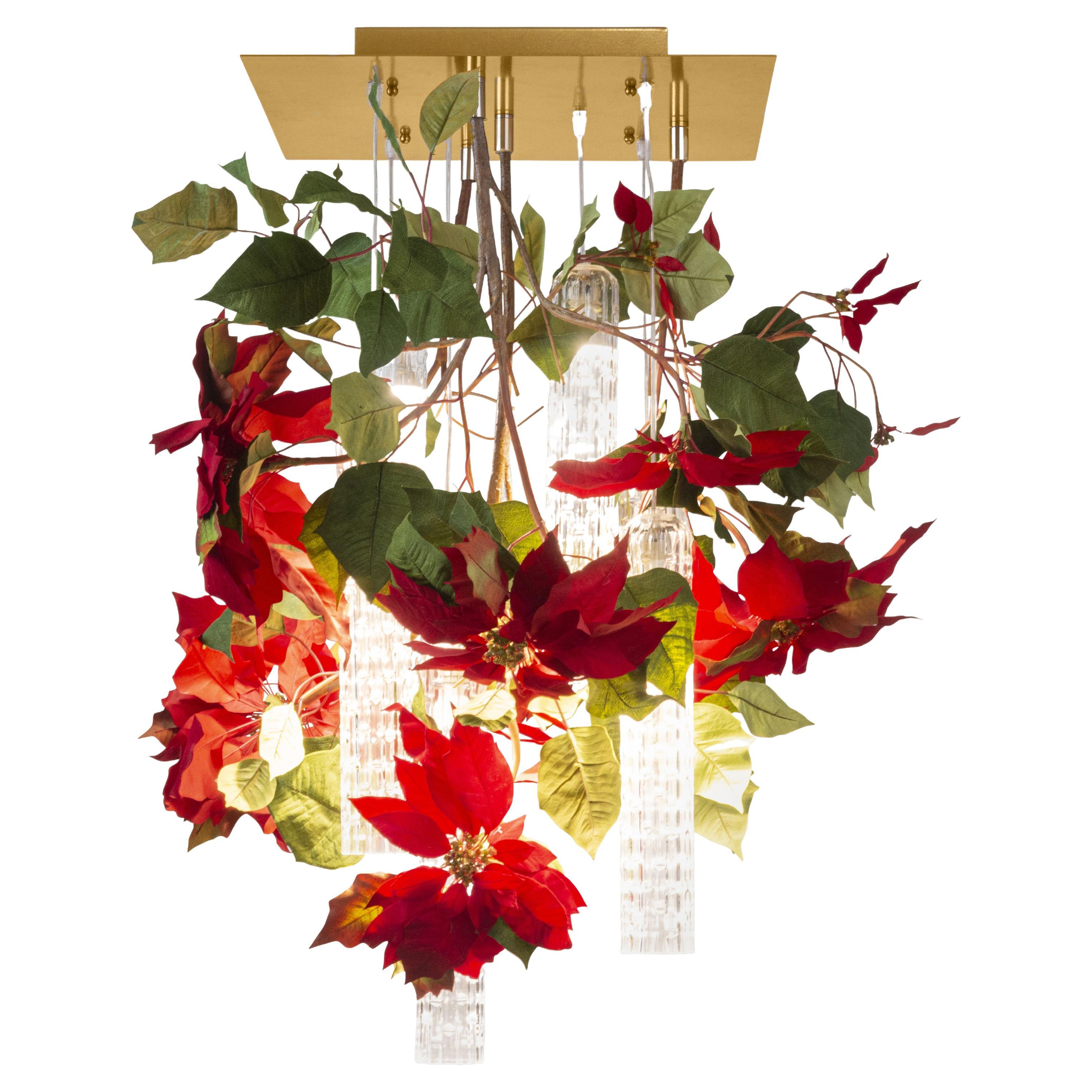 Quadratischer Blumen- Power Poinsettia-Kronleuchter aus Muranoglas, Venedig, Italien