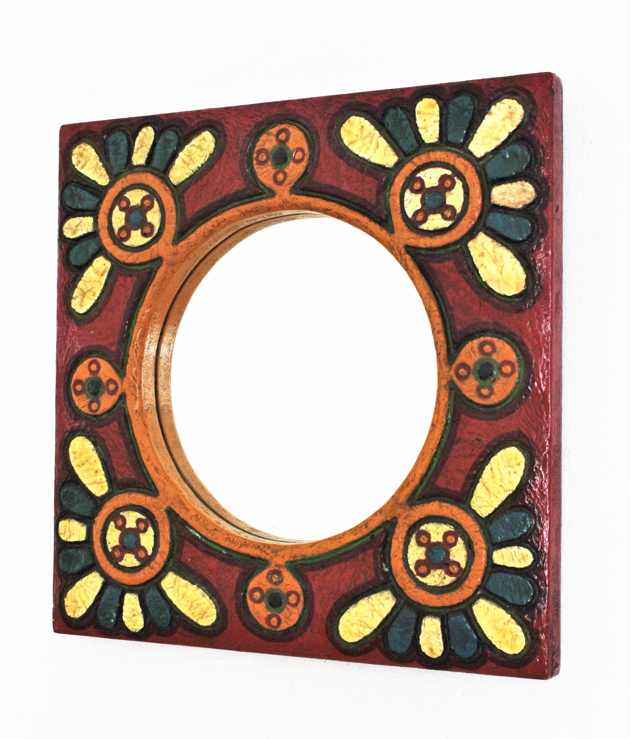 Spanish Colorful Wooden Wall Mirror with Flowers Motif For Sale 4