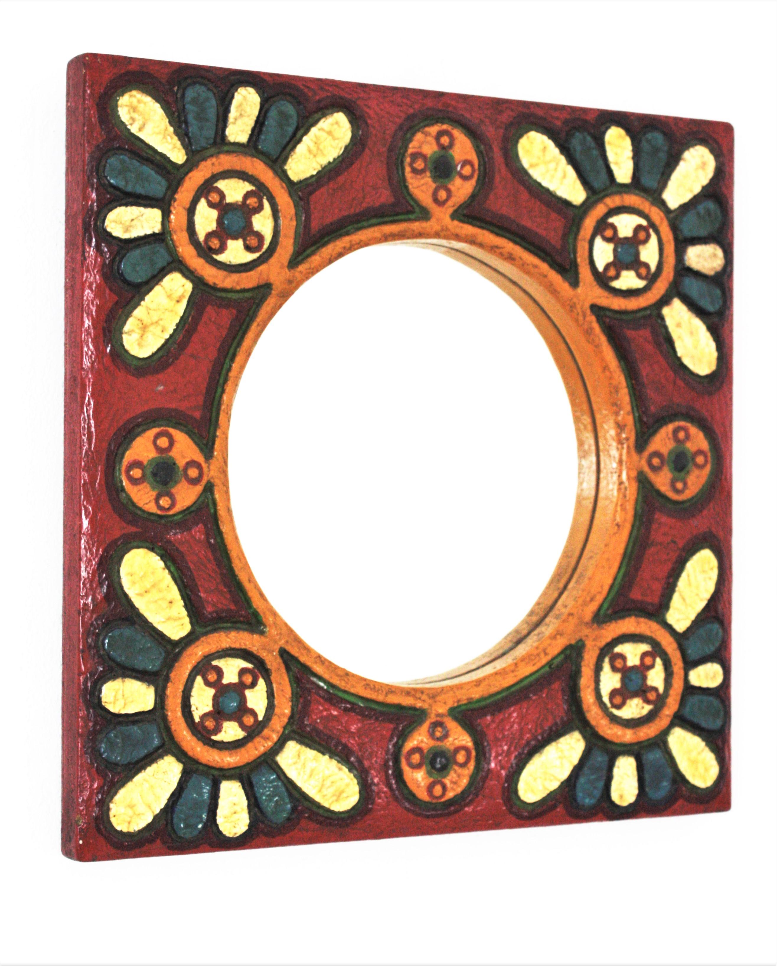 Mid-Century Modern Spanish Colorful Wooden Wall Mirror with Flowers Motif For Sale
