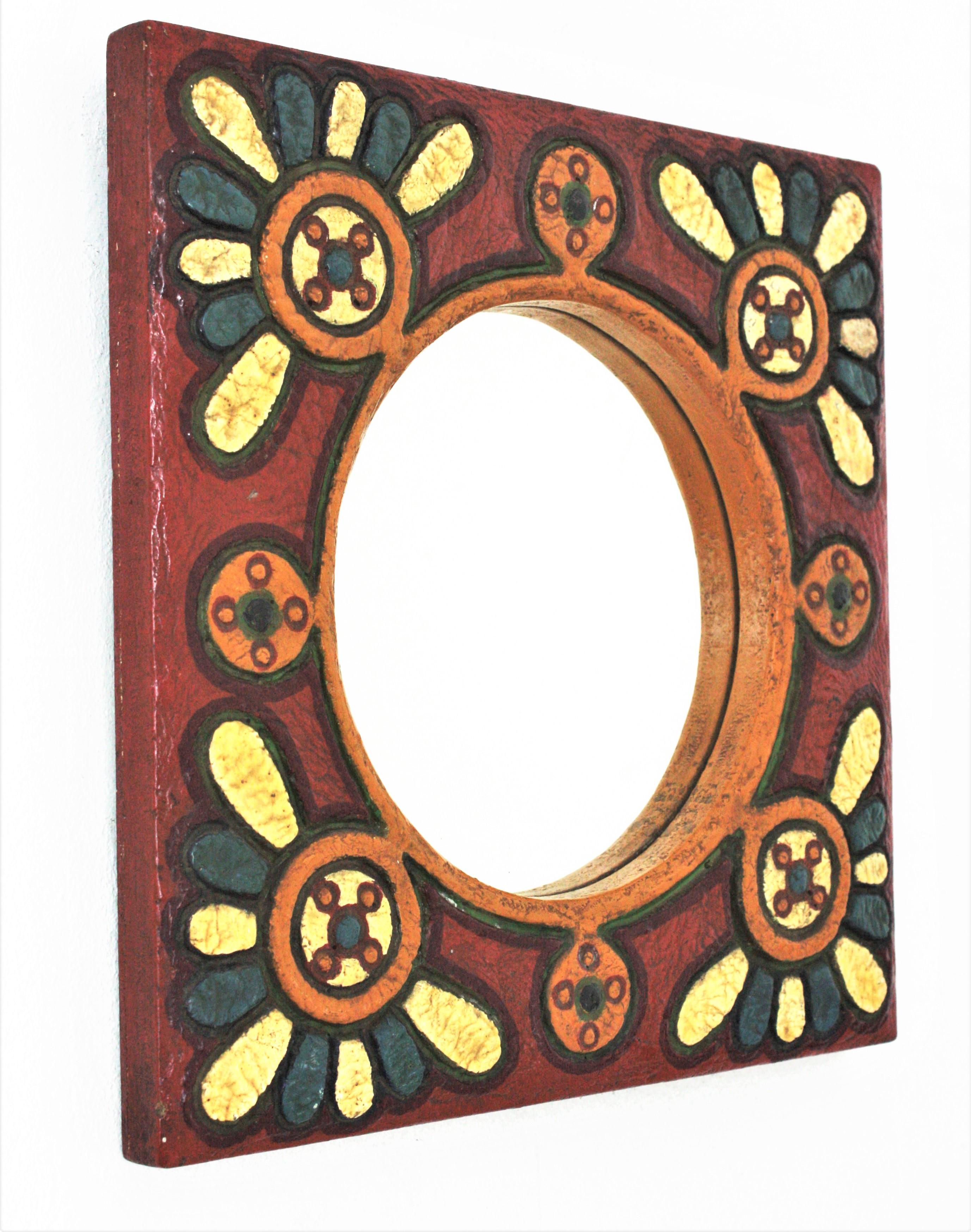 Hand-Crafted Spanish Colorful Wooden Wall Mirror with Flowers Motif For Sale