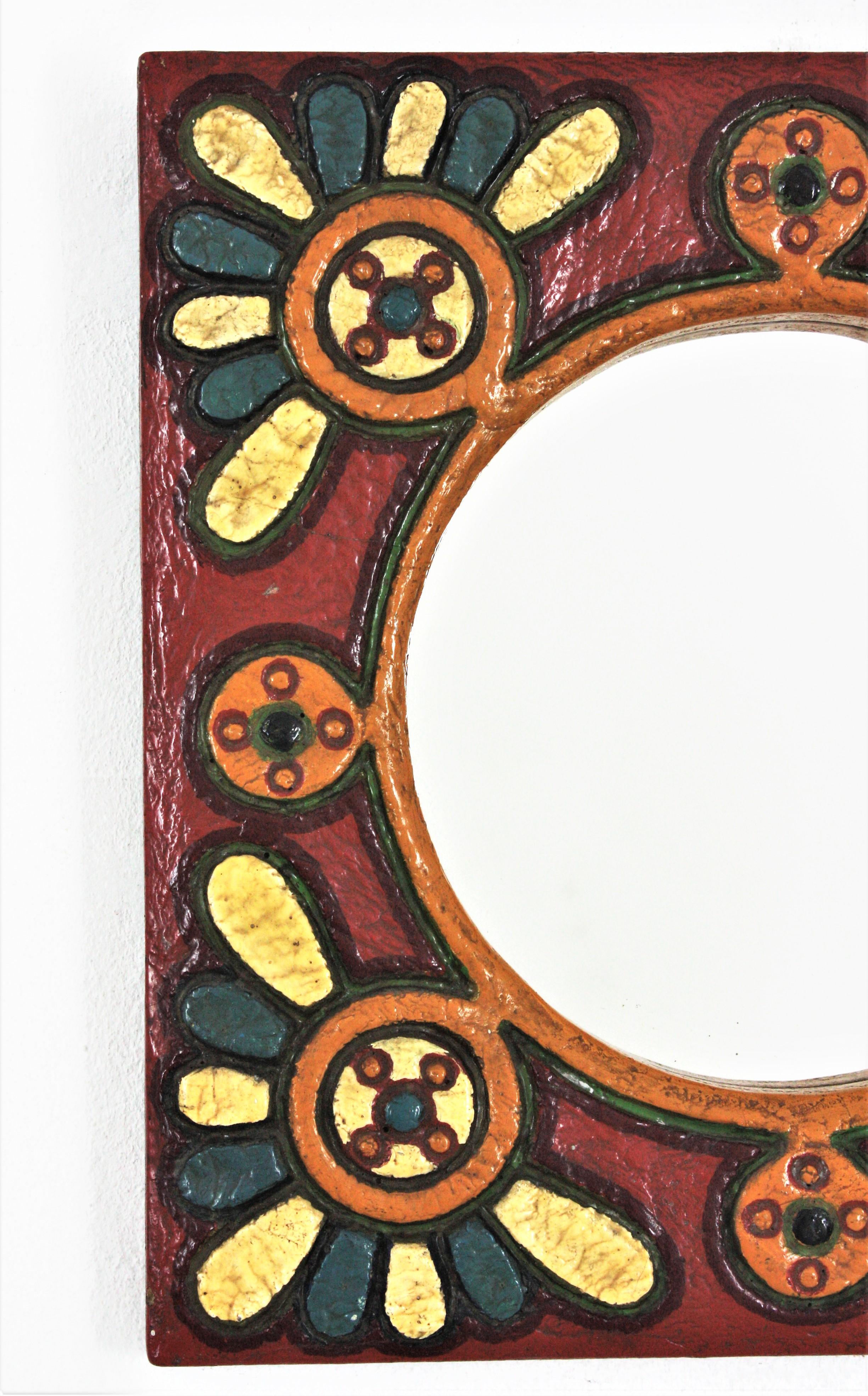 20th Century Spanish Colorful Wooden Wall Mirror with Flowers Motif For Sale