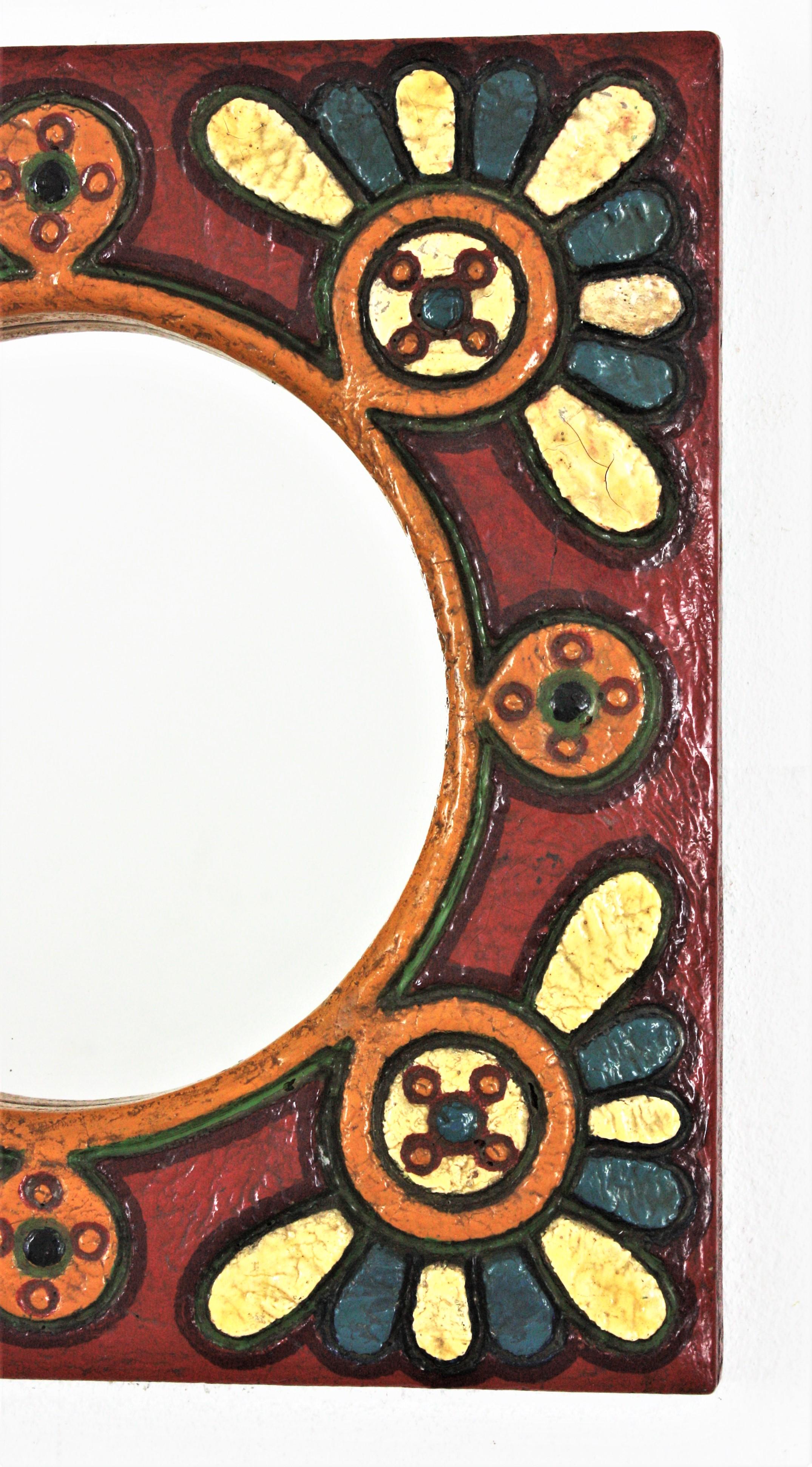 Spanish Colorful Wooden Wall Mirror with Flowers Motif For Sale 1