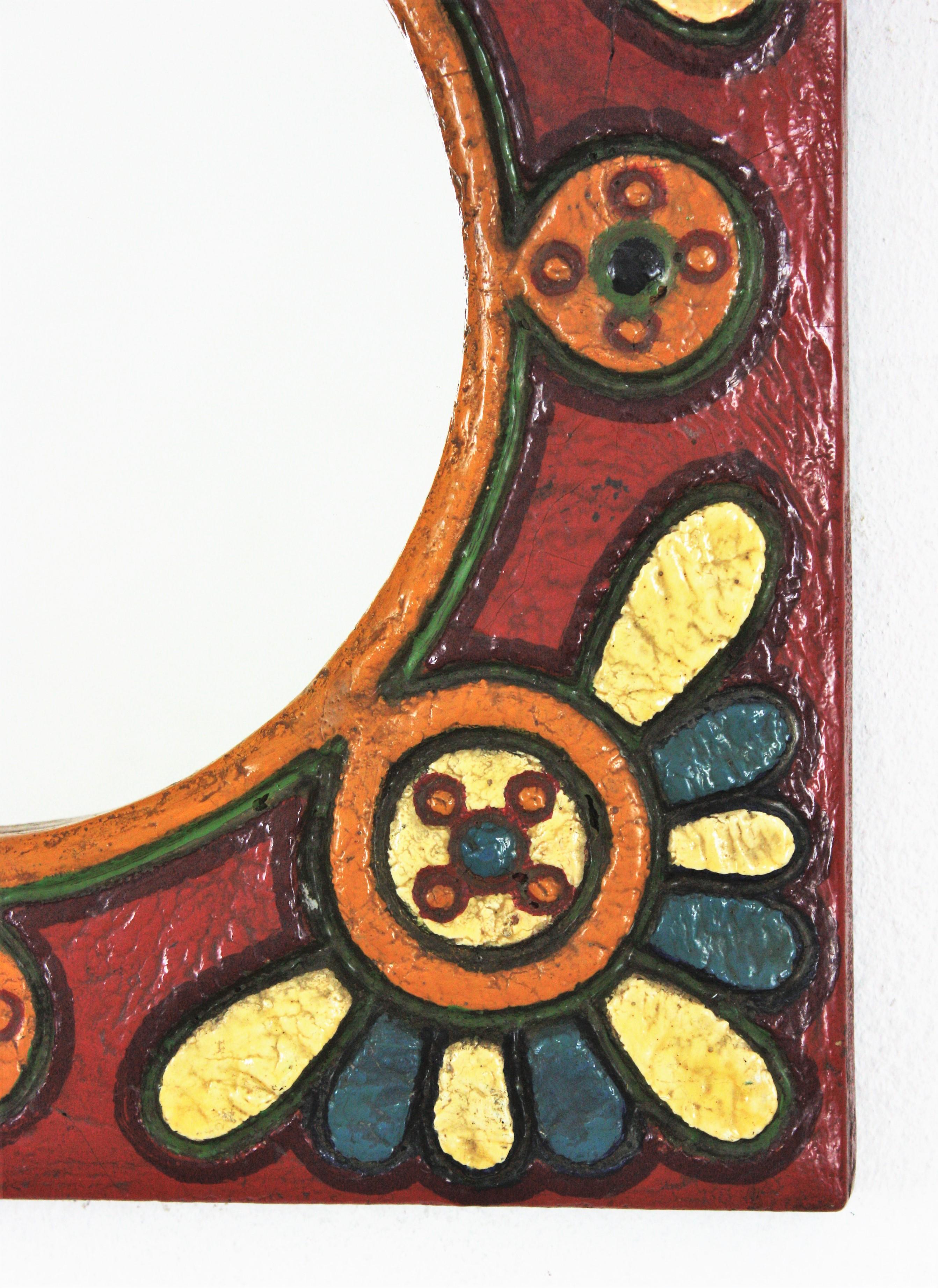Spanish Colorful Wooden Wall Mirror with Flowers Motif For Sale 2