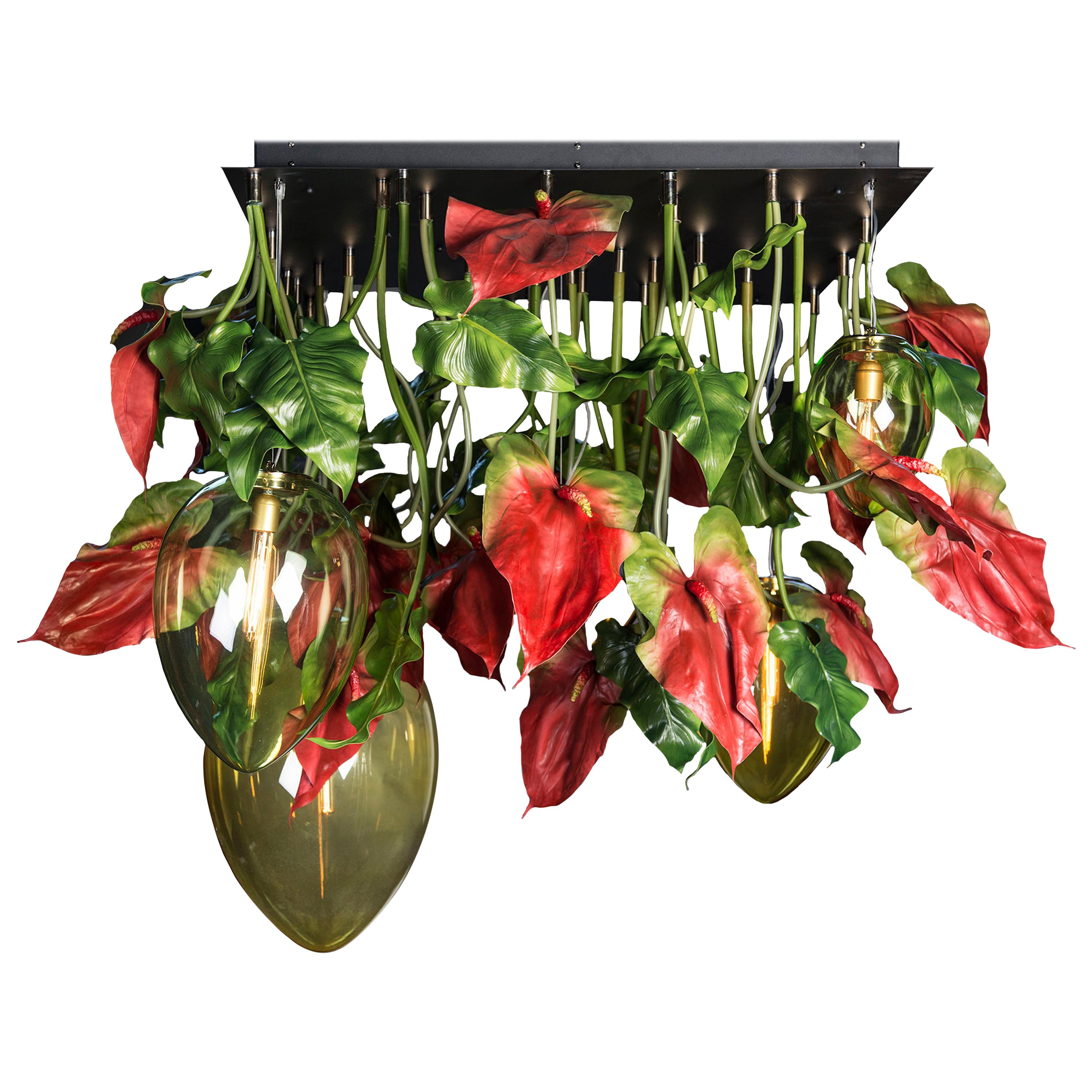 Lustre Flower Power rouge anthracite + lampes à œuf, Italie