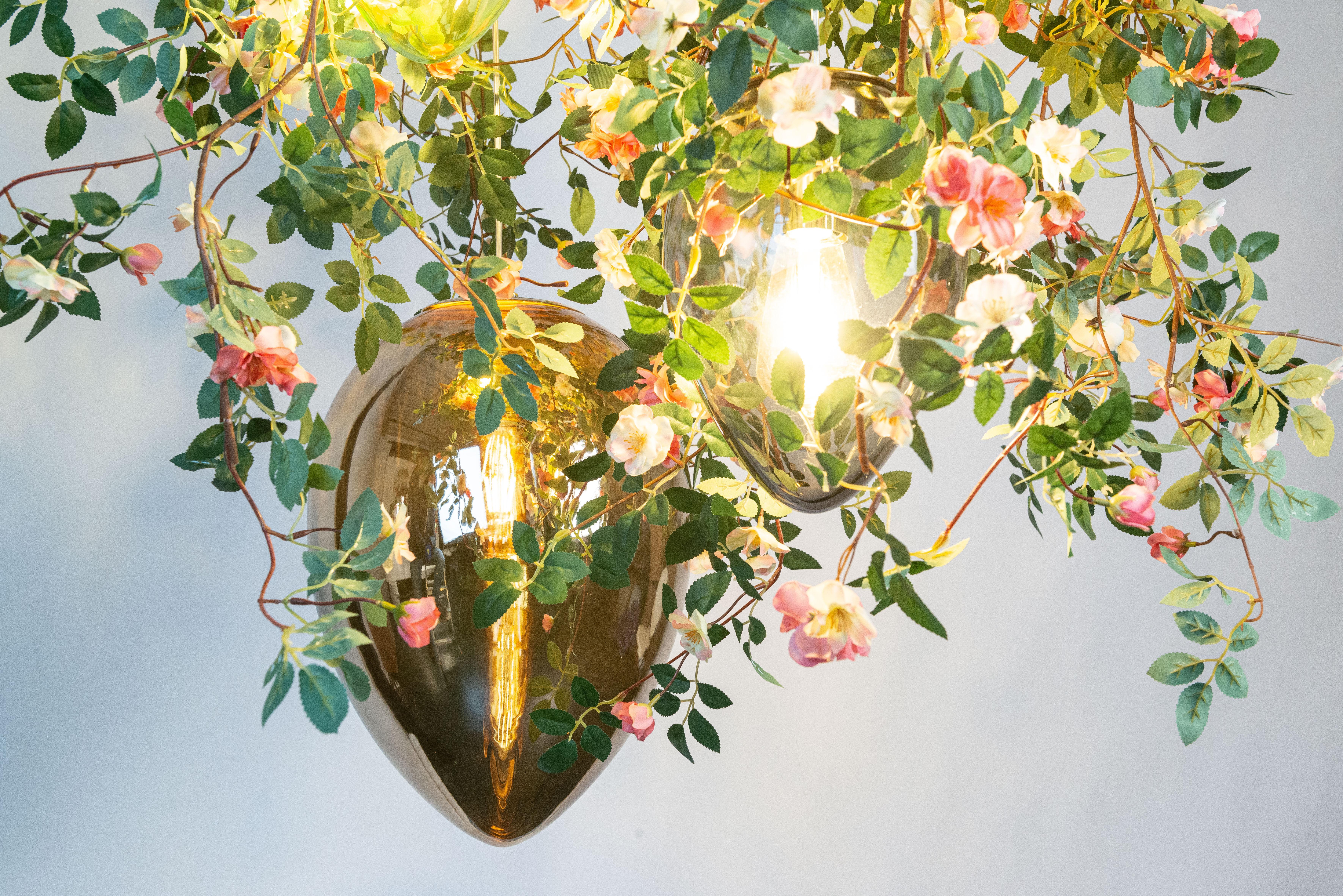 Modern Flower Power Romantic Roses + Crystal Egg Lamps Chandelier, Venice, Italy For Sale