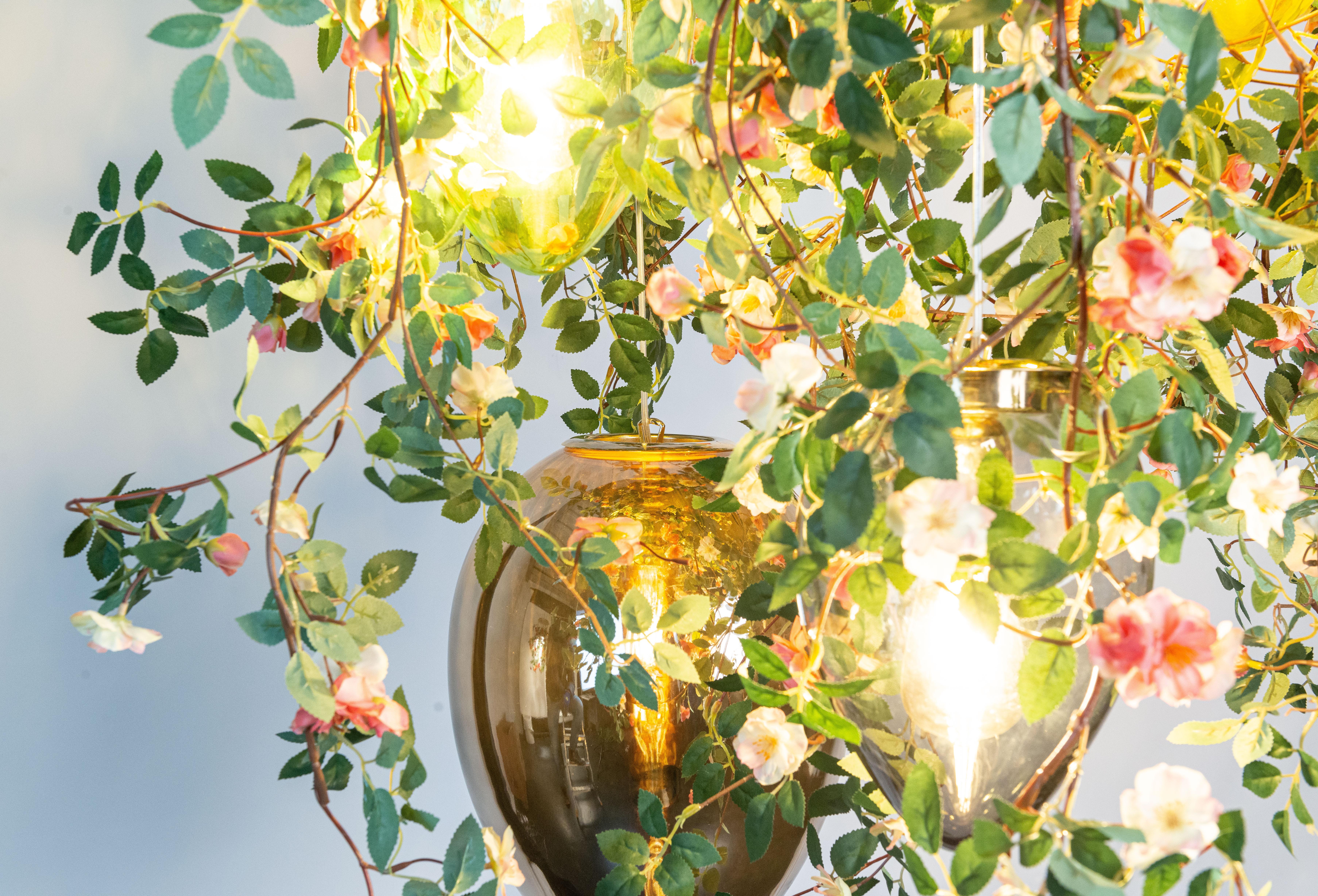 Hand-Crafted Flower Power Romantic Roses + Crystal Egg Lamps Chandelier, Venice, Italy For Sale
