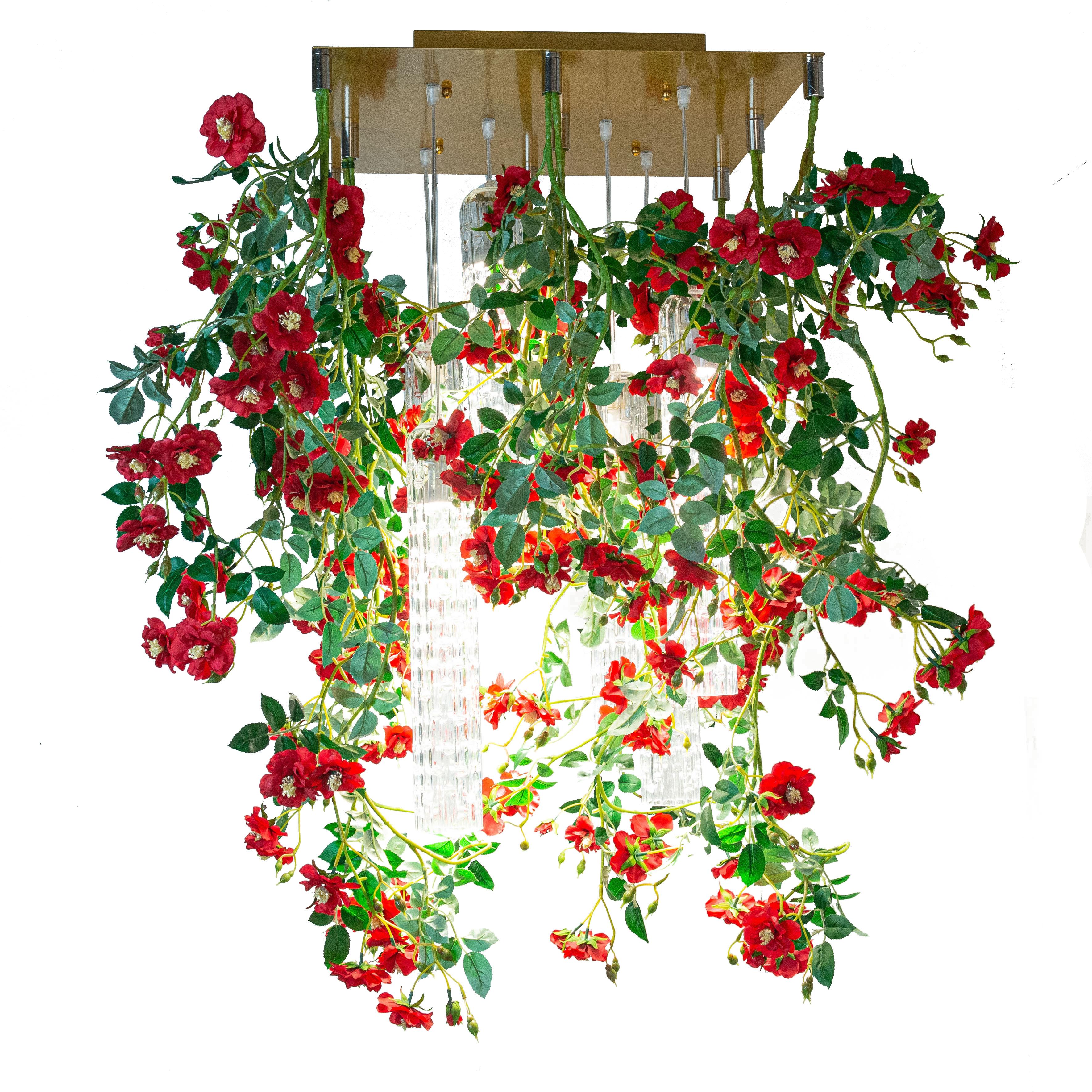 Flower Power Wild Red Rose Square Chandelier, Venice, Italy For Sale