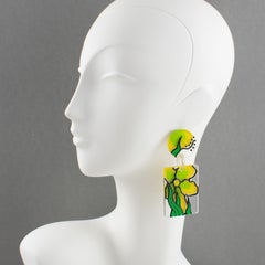 Flower Power Yellow and Green Lucite Dangle Pierced Earrings