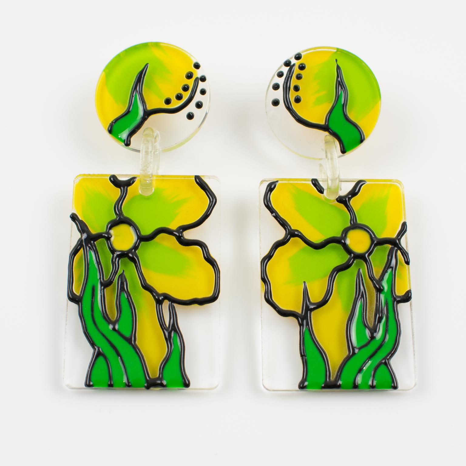 Modernist Flower Power Yellow and Green Lucite Dangle Pierced Earrings  For Sale