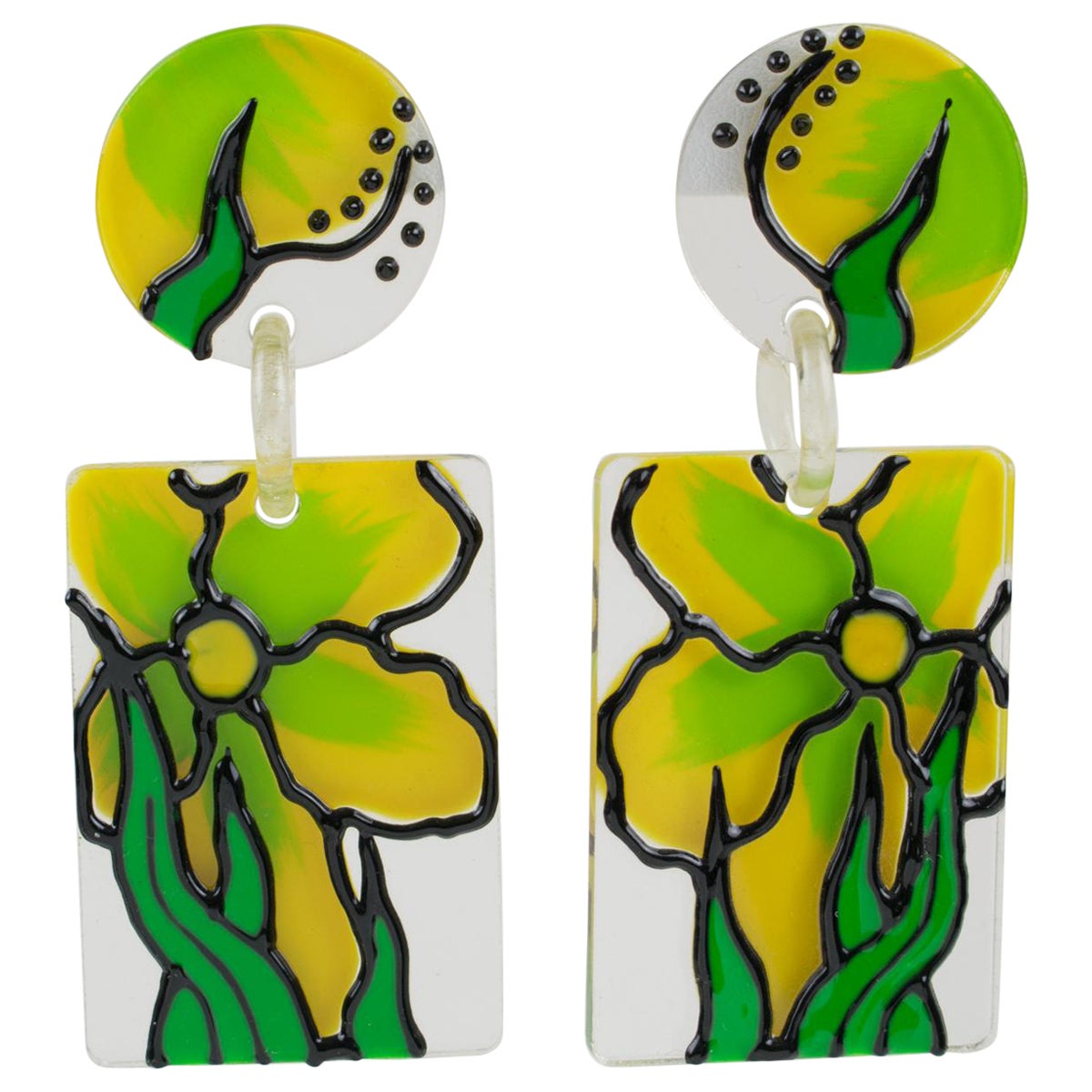 Flower Power Yellow and Green Lucite Dangle Pierced Earrings  For Sale