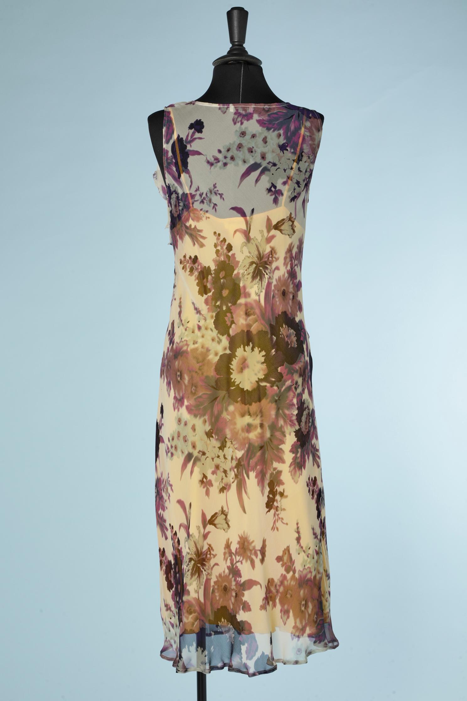 Yellow Flower printed chiffon dress with ruffles and yellow lining Dries Van Noten For Sale