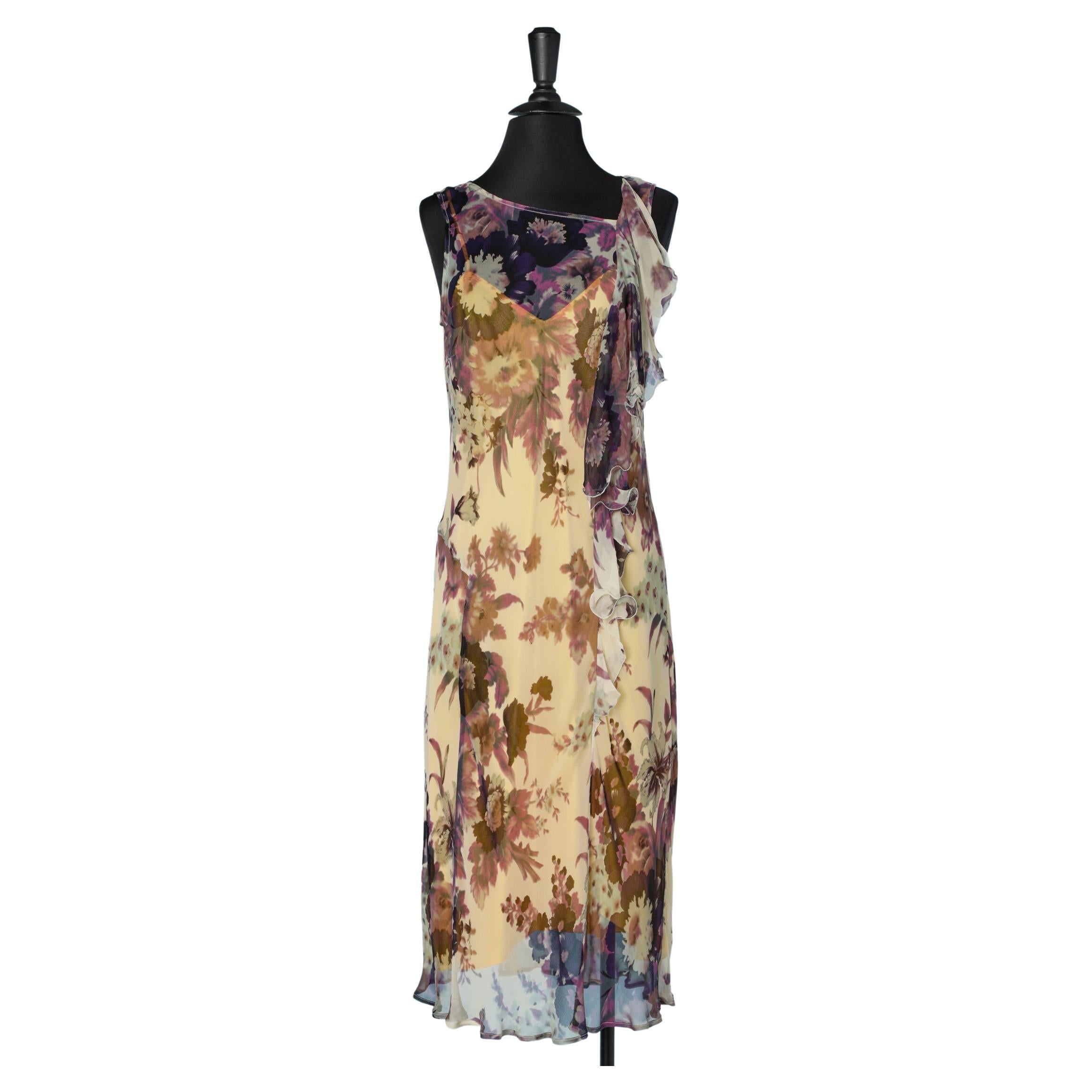 Flower printed chiffon dress with ruffles and yellow lining Dries Van Noten 