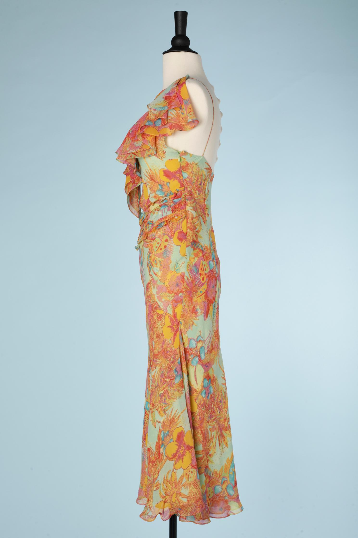 Flower printed chiffon dress with ruffles on shoulders and bust  Gai Mattiolo 1