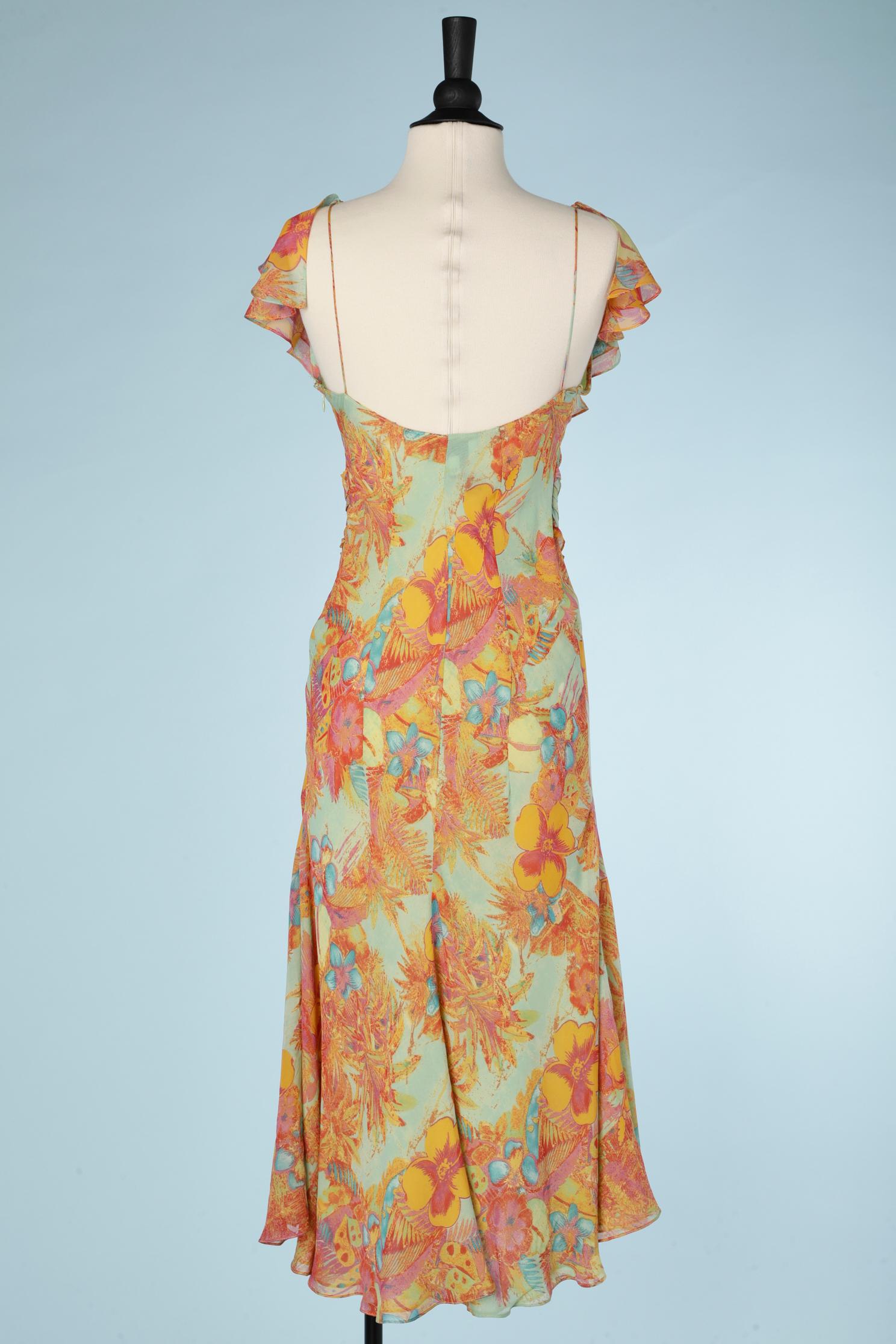Flower printed chiffon dress with ruffles on shoulders and bust  Gai Mattiolo For Sale 2