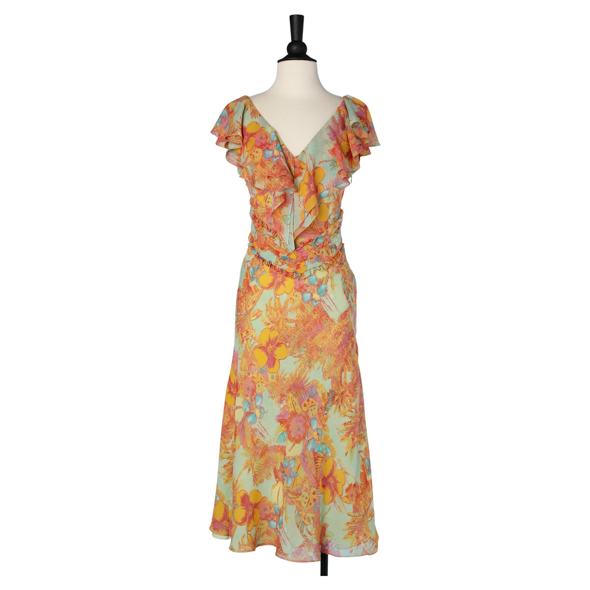 Flower printed chiffon dress with ruffles on shoulders and bust  Gai Mattiolo