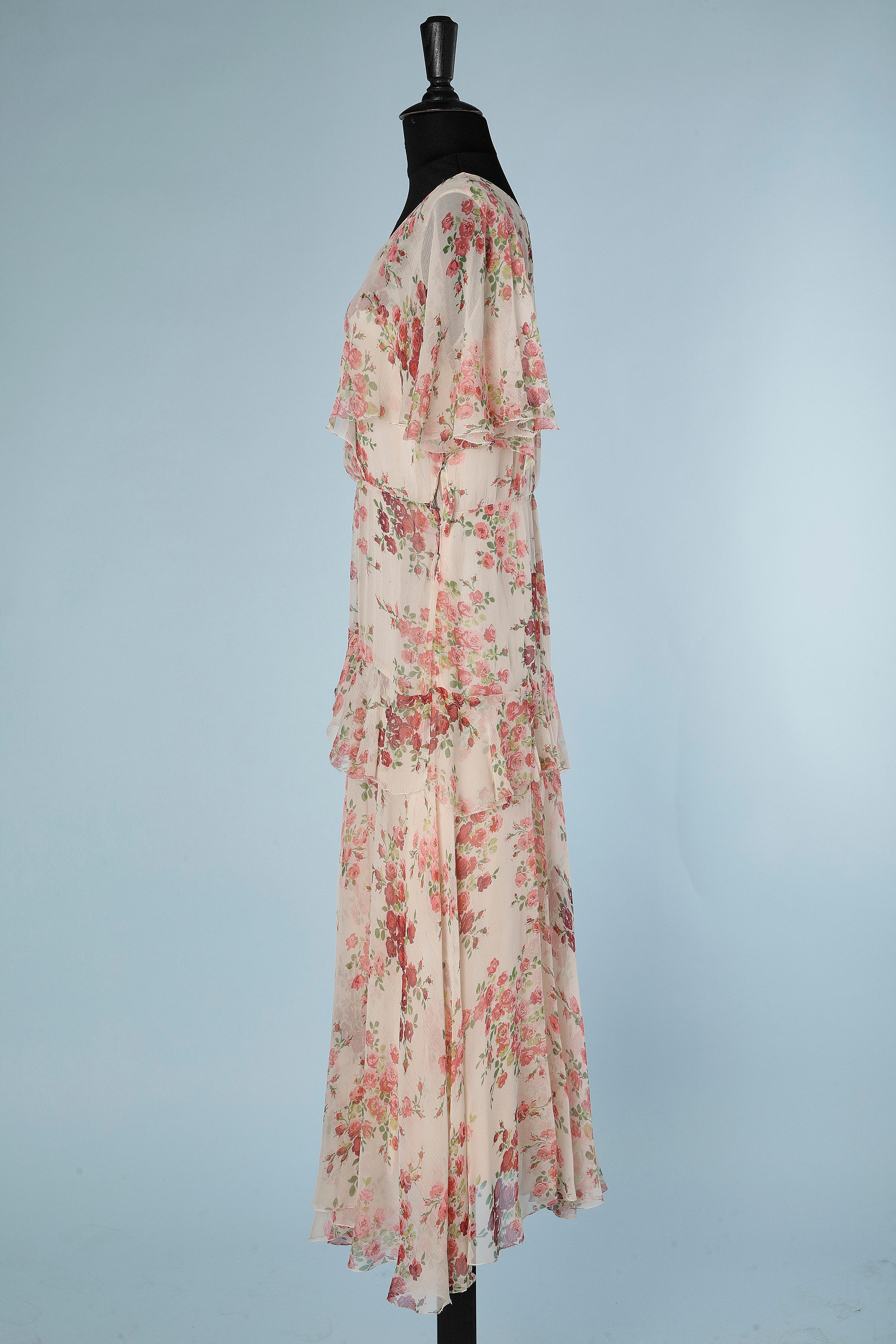 Brown Flower printed chiffon dress with ruffles. tulle and silk lining. Circa 1930's