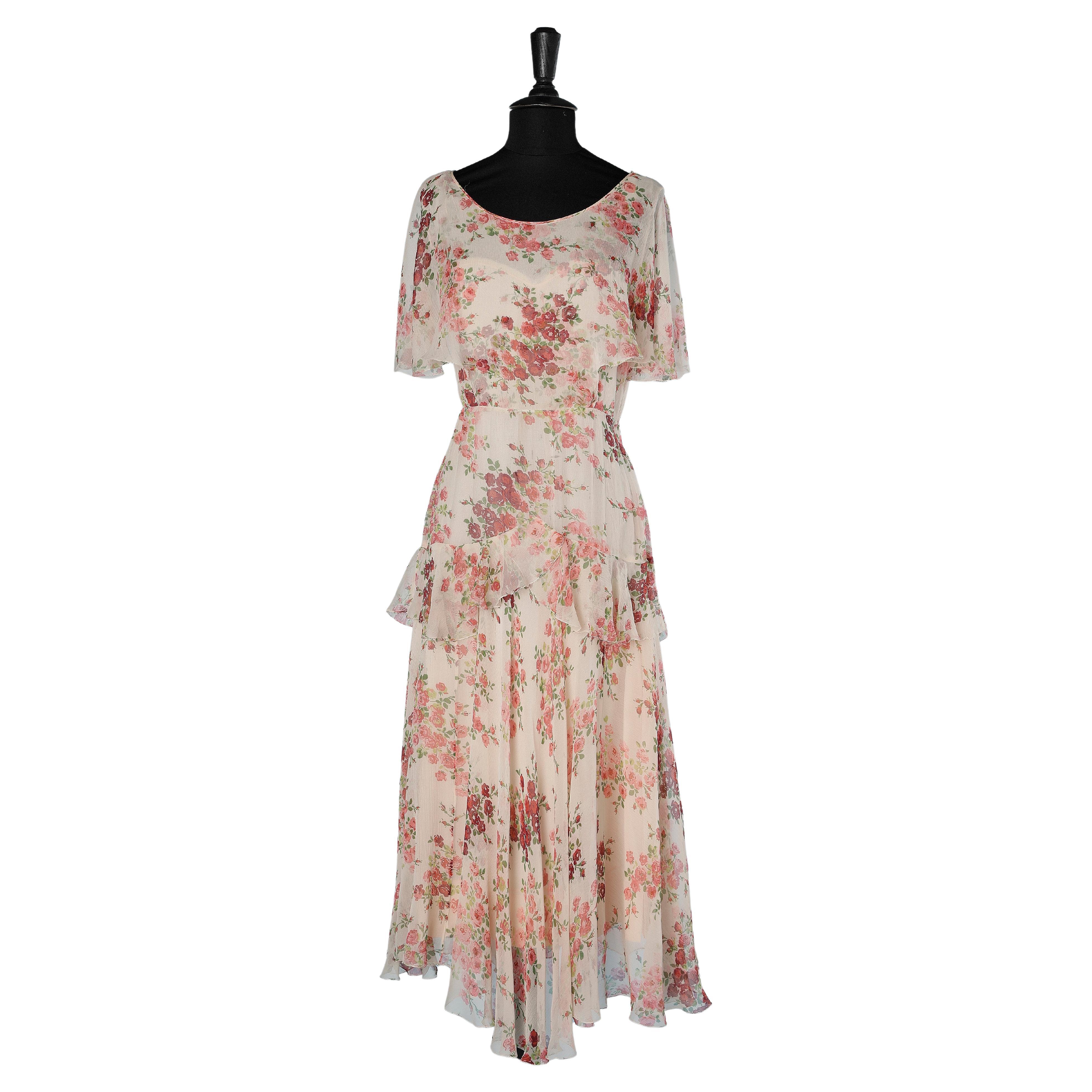 Flower printed chiffon dress with ruffles. tulle and silk lining. Circa 1930's 