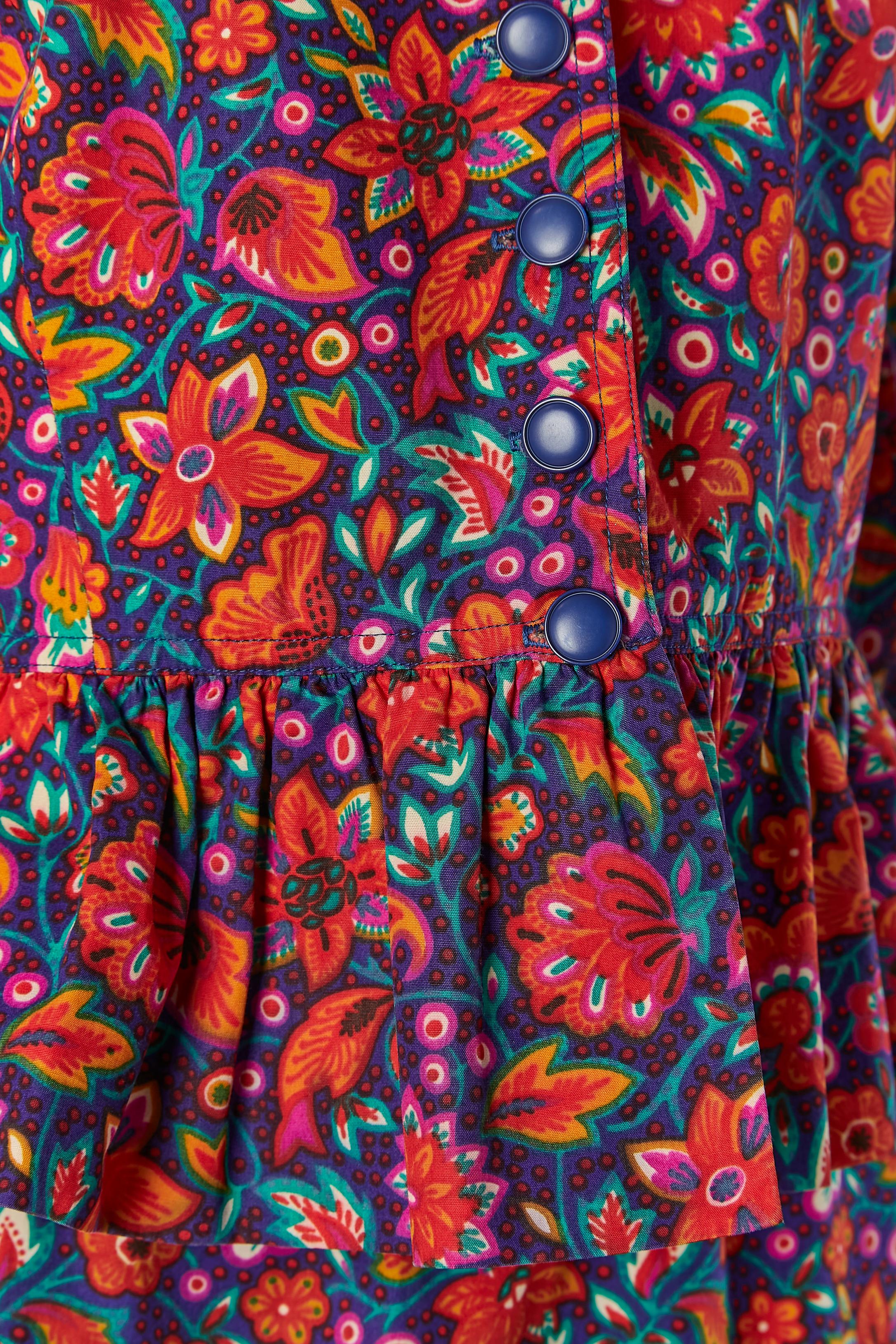 Flower printed cotton shirt and skirt ensemble SAINT LAURENT RIVE GAUCHE In Excellent Condition For Sale In Saint-Ouen-Sur-Seine, FR