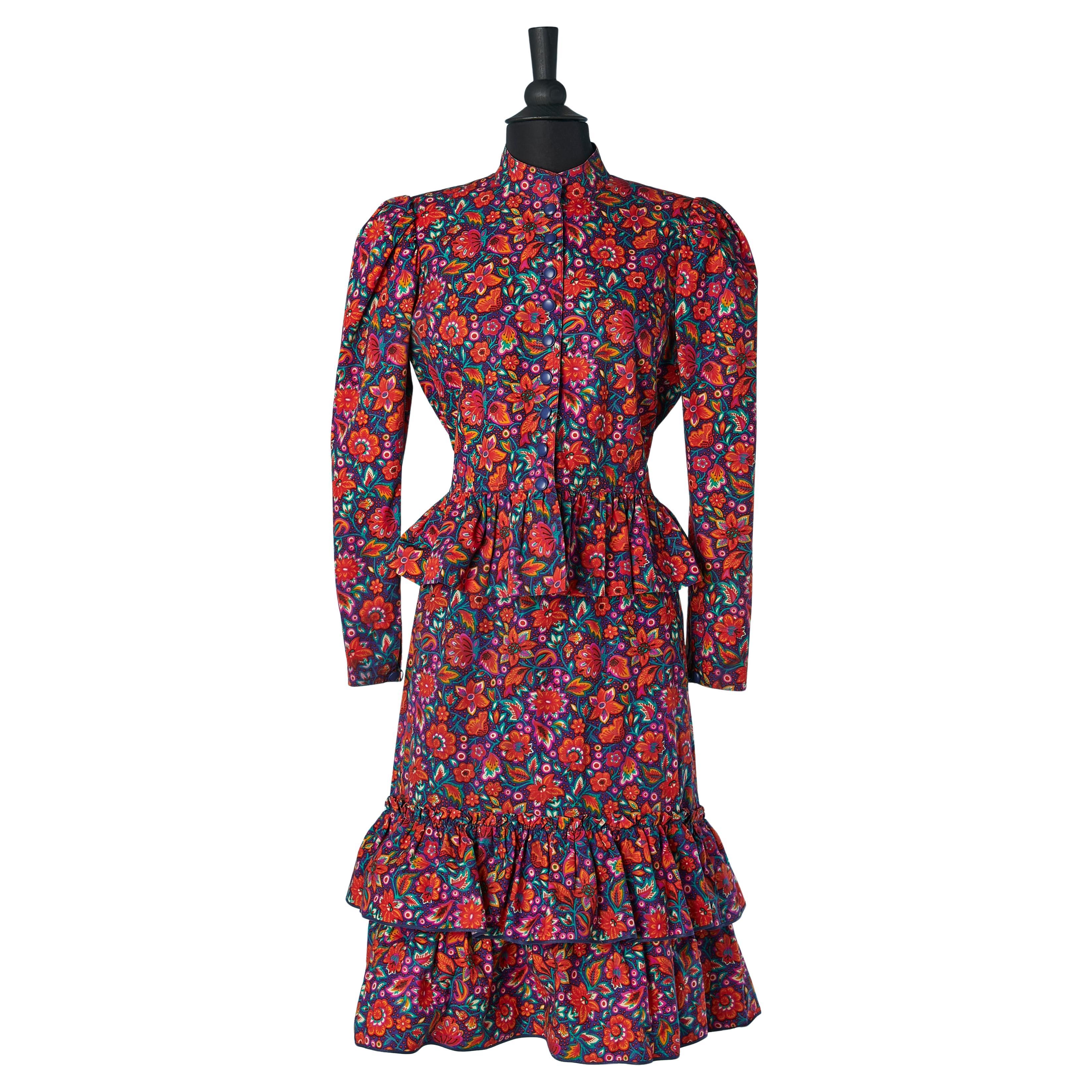 Flower printed cotton shirt and skirt ensemble SAINT LAURENT RIVE GAUCHE For Sale