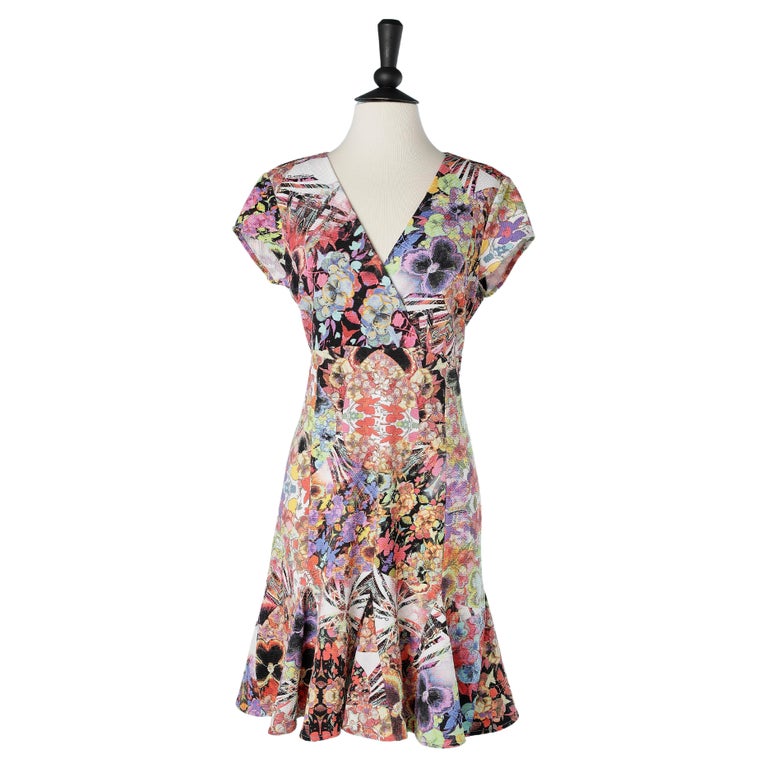 Flower printed dress with branded fabric Cavalli Class For Sale at 1stDibs