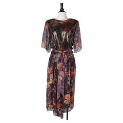 Flower printed dress with sequin on the top front and fabric belt Holly Harp 