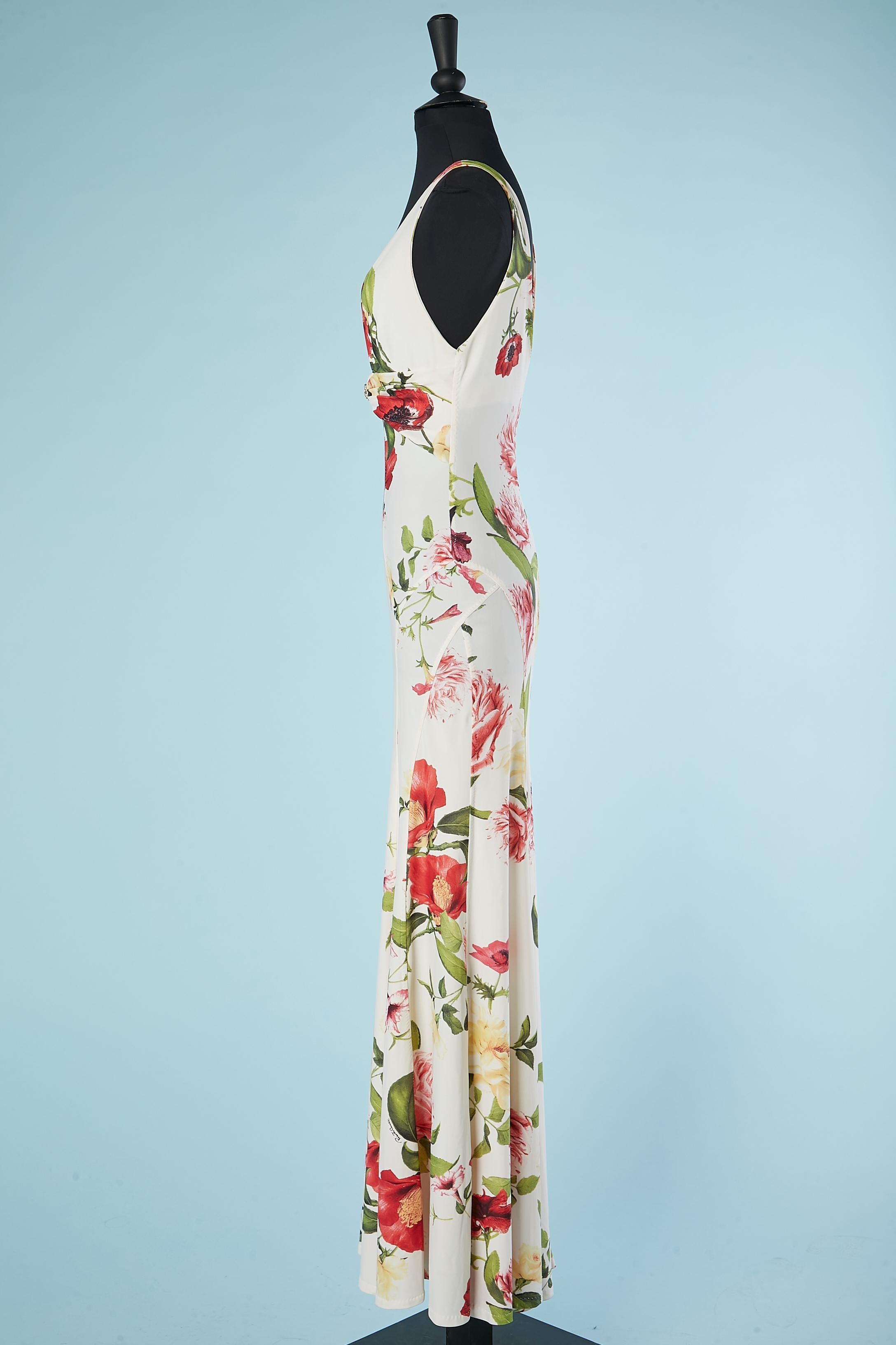 Women's Flower printed jersey evening dress with rhinestone brooch Roberto Cavalli  For Sale